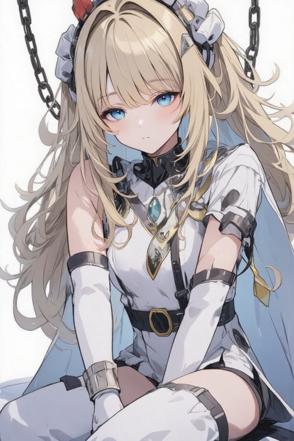 1girl, solo, long hair, looking at viewer, bangs, blue eyes, blonde hair, thighhighs, gloves, hair between eyes, sitting, very long hair, full body, white gloves, cape, armor, white thighhighs, chain, no shoes, bound, restrained, cuffs, empty eyes,shackles