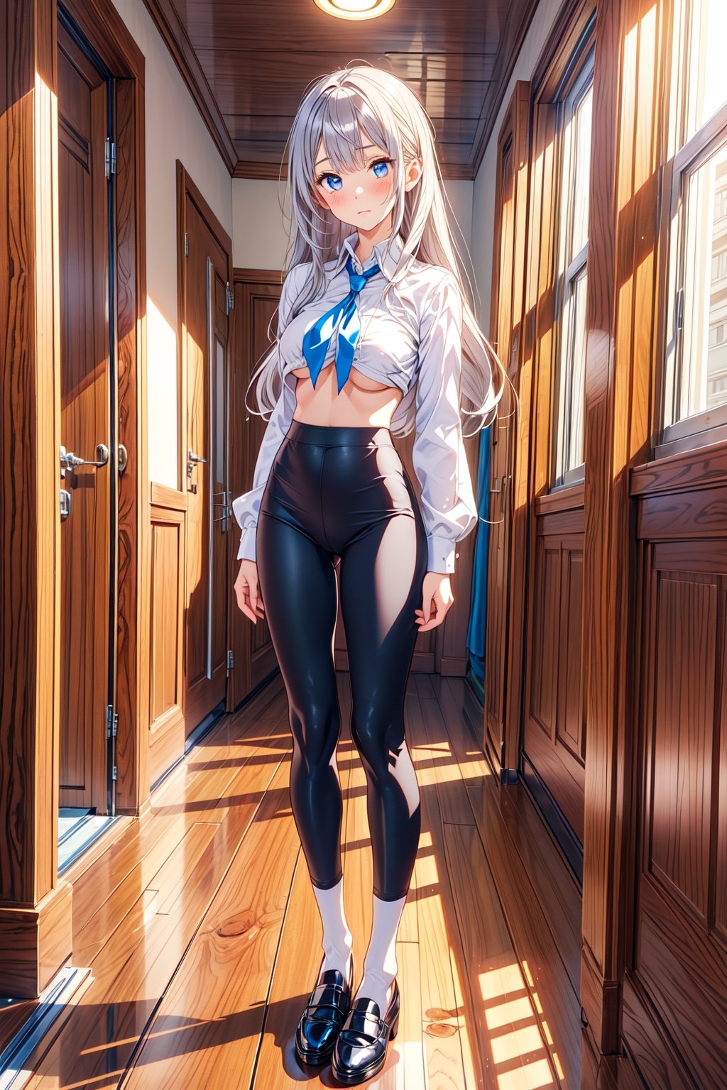 1girl, solo, looking at audience, blush, long hair, bangs, blue eyes, white shirt, gray hair, white stockings, black pants, ribbon, medium boobs, standing, full body, long sleeves, long legs, cells, shoes, black footwear, skin dents, tie, arms behind back, flats