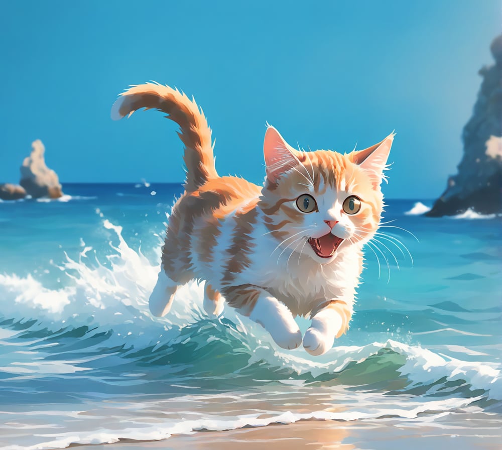 Cat running in sea