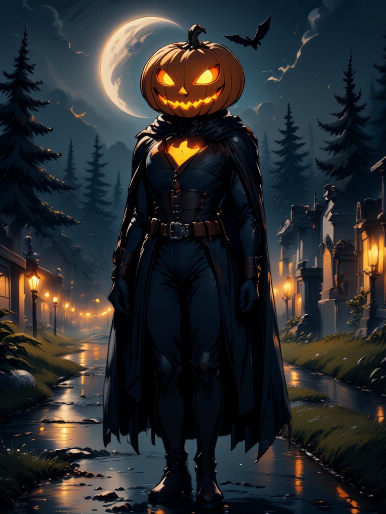 solo, pumpkin head,black cape,night, crescent moon, cemetery,