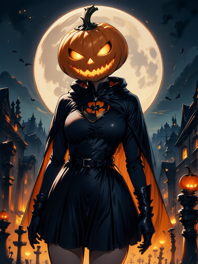 solo, pumpkin head,(black cape,pumpkin dress),night, crescent moon, cemetery,