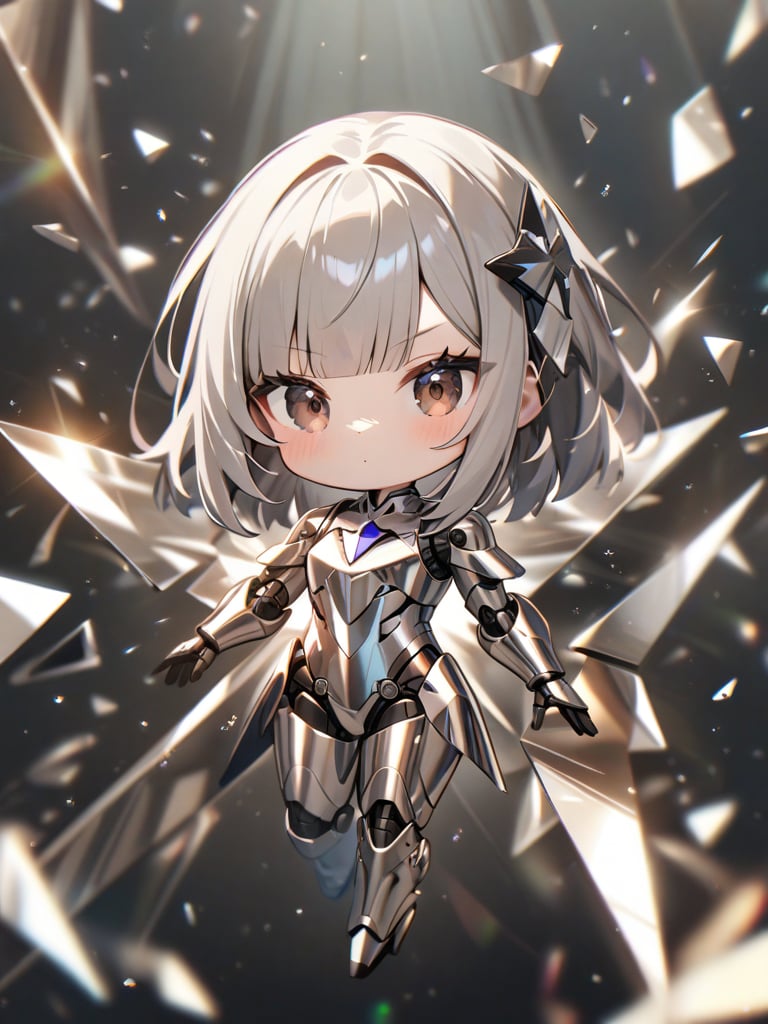 chibi, (1 woman), mechanical mirror-polished silver body has metallic luster and shining,extremely mechanical joints, glossy dark-brown eyes,shoulder-length straight silver hair with diagonal bangs, blunt bangs,KALEIDOSHATTER