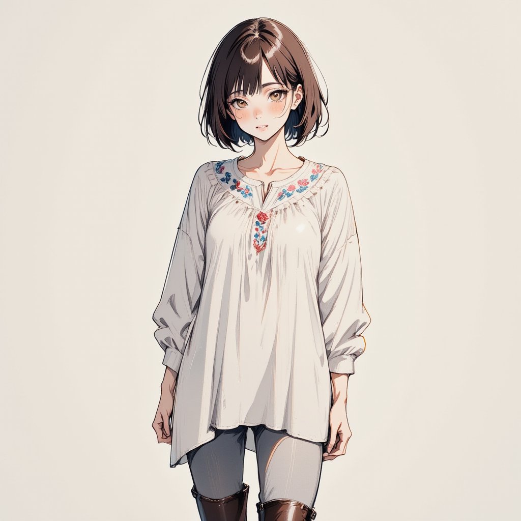  (1 woman), alone, short bob, 28 years old, Japanese, brown eyes, brown hair, slim figure, flat chest, rosy cheeks, flushed face, happy, happiness, 
Break
//Fashions
Folk Embroidered Tunic with Skinny Jeans
This modern take on folk patterns features an embroidered tunic top with delicate,
traditional folk designs along the neckline and cuffs,
BREAK
The tunic is slightly oversized with balloon sleeves and a high-low hemline,
giving it a casual yet elegant appearance,
Pair the top with skinny jeans in a neutral color and knee-high leather boots to balance the outfit,
This look is perfect for everyday wear with a hint of cultural flair,
The detailed folk embroidery stands out against the simplicity of the rest of the outfit,
offering a sophisticated nod to traditional craftsmanship
BREAK