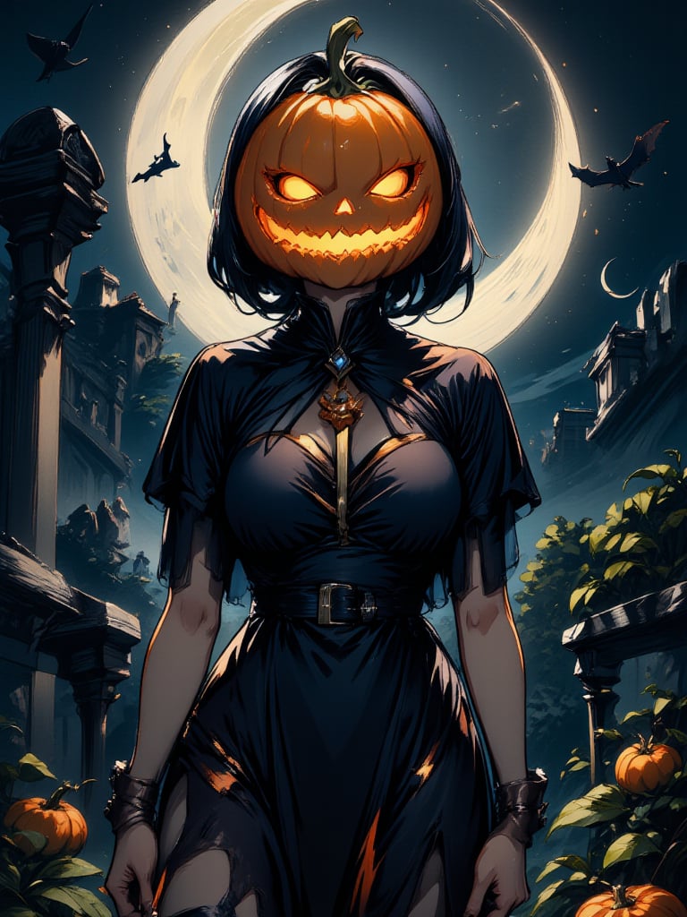 solo, pumpkin head,black cape,pumpkin dress,night, crescent moon, cemetery,