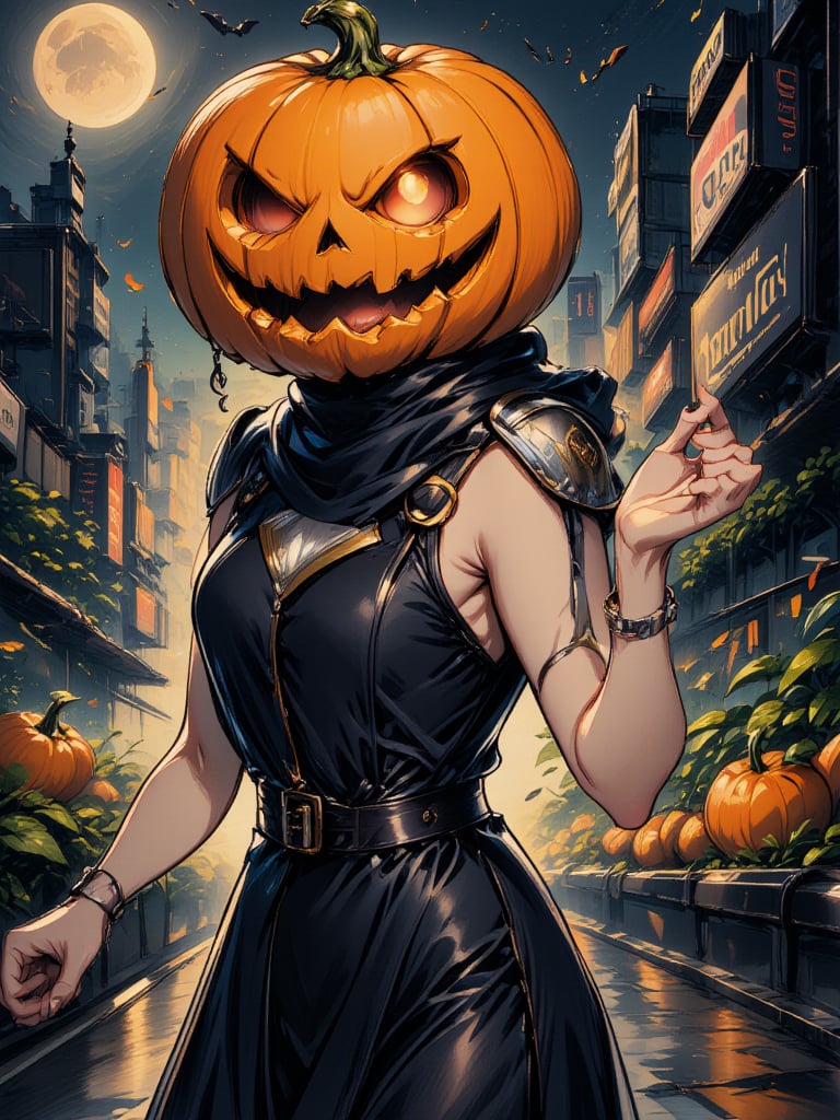 (1 woman), alone, 28yo, Japanese, slim figure, flat chest, Girl with (a jack-o'-lantern head), Girl with jack-o'-lantern head and pumpkin helmet