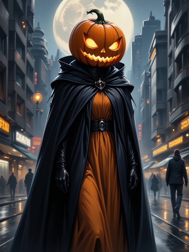 Solo, pumpkin head, (black cloak), (pumpkin dress), night, full moon, futuristic city,