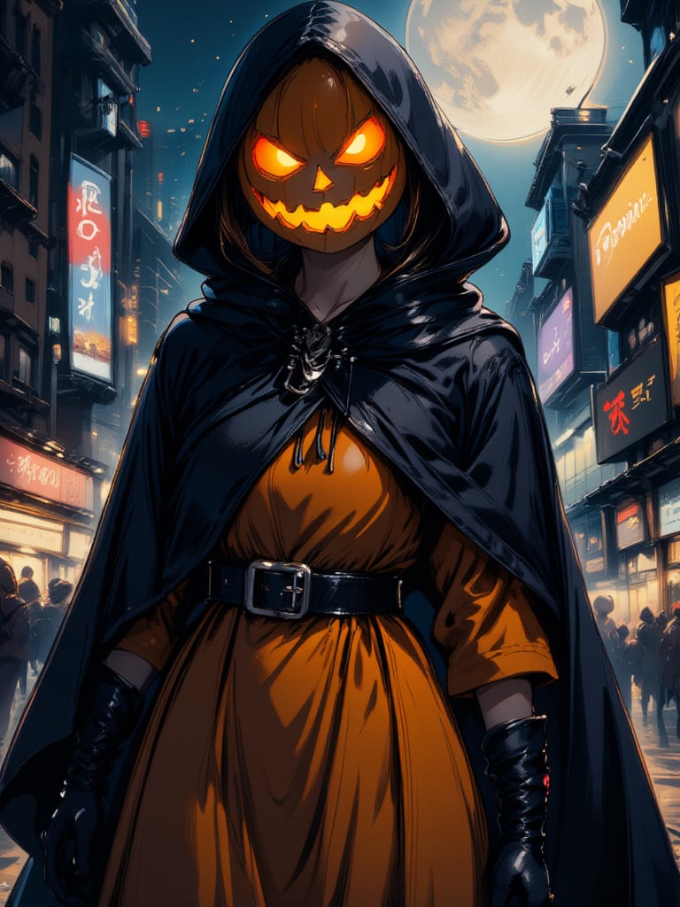 Solo, pumpkin head, (black cloak), (pumpkin dress), night, full moon, futuristic city,