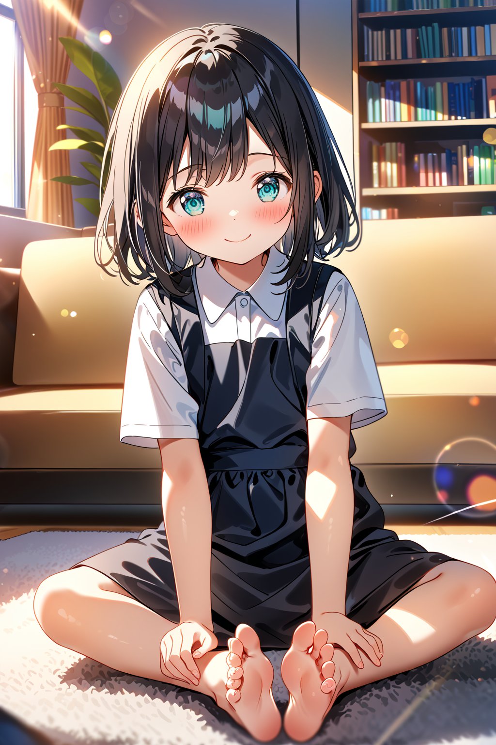 masterpiece, best quality,(1girl), solo,(depth of field),(solo focus),8K,HDR,(ultra high res),(highres),(full body),(lens flare),smiles,blush,(closed mouth),(black hair), (medium hair),(aqua eyes),(floating hair), sidelocks,(malaysian secondary school uniform),(schoollogo),(school's logo on right side (pinafore dress)),(black skirt),(black pinafore),(collared shirt),(white shirt),(short sleeves),(barefoot),(toenail),(feetsandwich),(no shoes),(sitting),(loli),(child),(indoors),(living room),shelf,curtain,carpet,windows,couch,