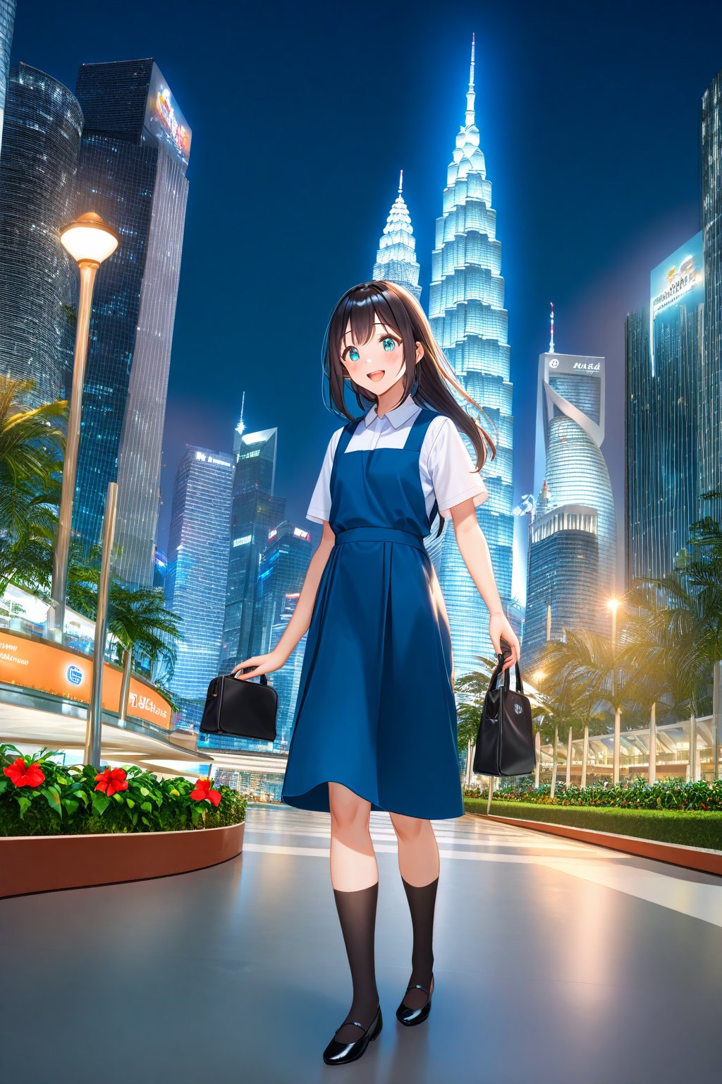 masterpiece, best quality,(1girl), solo,(depth of field),(solo focus),8K,HDR,(ultra high res),(highres),(full body),(lens flare),smiles,blush,(black hair), (long hair),(aqua eyes),(floating hair), sidelocks,(malaysian secondary school uniform),(schoollogo),(school's logo on right side (pinafore dress)),(aqua blue skirt),(blue pinafore),(collared shirt),(white shirt),(short sleeves),(black socks),(black footwear),(ballet flats),(standing),(outdoors),(cityspace),(holding hand bag),(lamppost),(building),urban,(petronas twin tower),(Longhouse),(national airport tower),KLCC,(Kuala Lumpur countryside),(Kuala Lumper Tower),Malaysia,(blue sky),landmarks,night,firework,(Hibiscus rosa-sinensis),flower,street