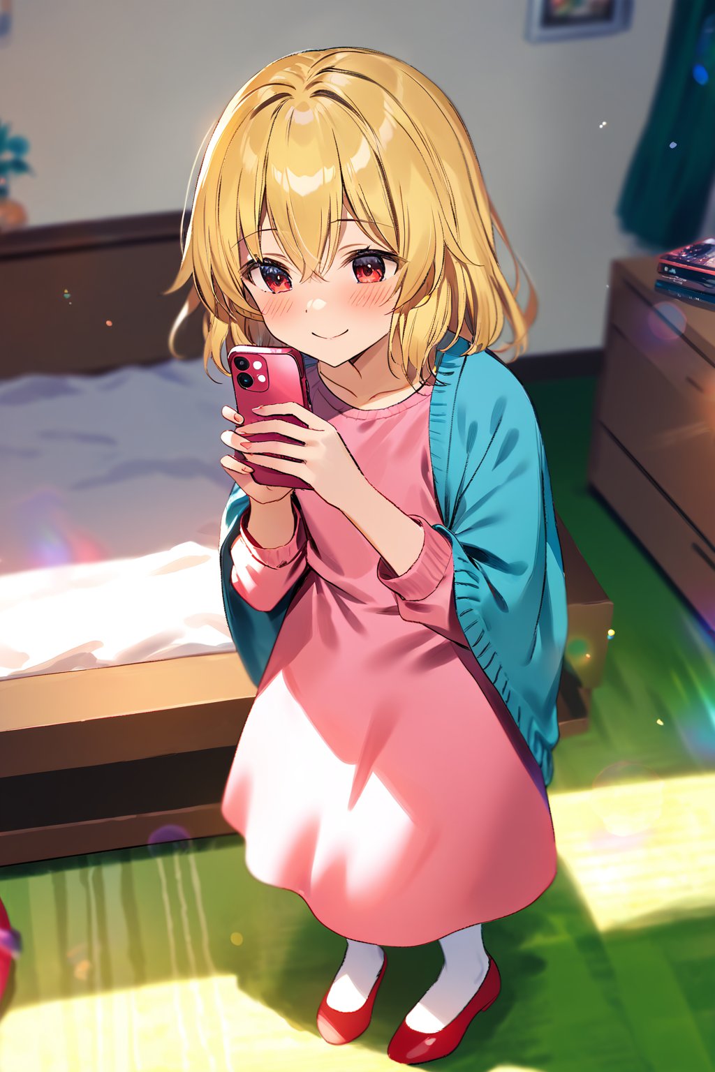 masterpiece, best quality,(1girl), solo,(depth of field),(solo focus),8K,HDR,(ultra high res),(highres),(full body),(lens flare),smiles,blush,(closed mouth),(touhou),(flandre scarlet),(blonde hair),(medium hair),(red eyes),wings, crystal, (laevatein \(touhou\)),(blue cardigan),(open cardigan),(pink shirt),(green skirt),(white socks),(red footwear),(ballet flats),(indoors),(messy room),(shelf),(curtains),(carpet),(bed),(window),(holding phone),