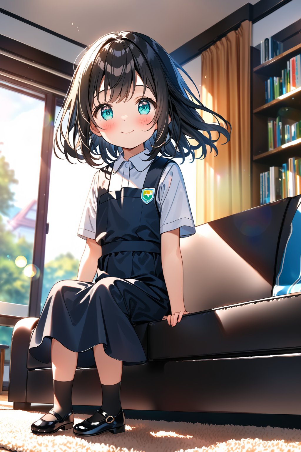 masterpiece, best quality,(1girl), solo,(depth of field),(solo focus),8K,HDR,(ultra high res),(highres),(full body),(lens flare),smiles,blush,(closed mouth),(black hair), (medium hair),(aqua eyes),(floating hair), sidelocks,(malaysian secondary school uniform),(schoollogo),(school's logo on right side (pinafore dress)),(black skirt),(black pinafore),(collared shirt),(white shirt),(short sleeves),(black socks),(black footwear),(mary janes),(sitting),(loli),(child),(indoors),(living room),shelf,curtain,carpet,windows,couch,