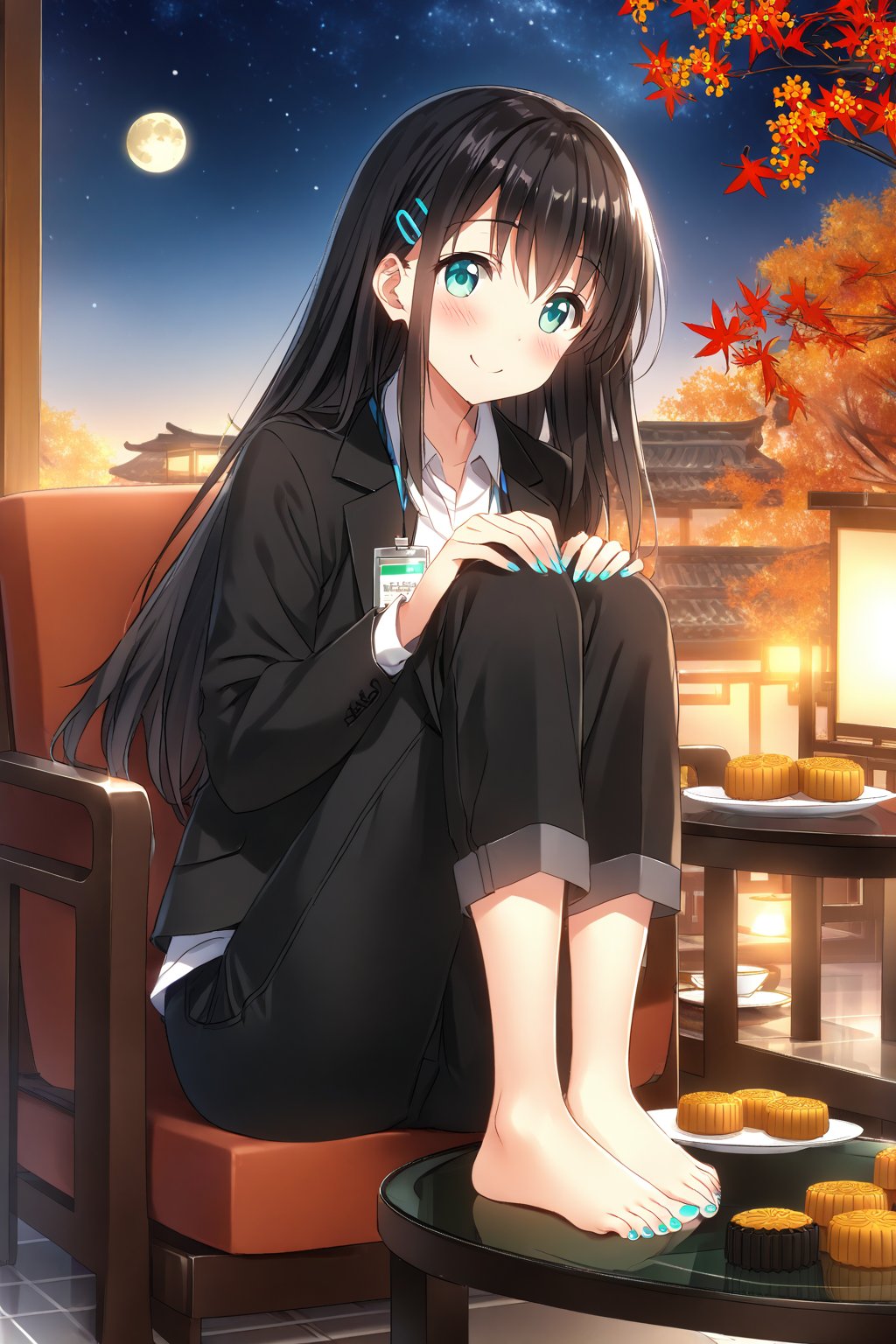 masterpiece, best quality,(1girl), solo,(depth of field),(solo focus),8K,HDR,(ultra high res),(highres),(full body),(full body),(lens flare),smiles,blush,(nice hands), (black hair),(long hair), bangs,(aqua eyes),(hairclip),(id card),(strap),(black jacket),(open jacket),(white shirt),(collared shirt),(black pants),(pencil pants),(barefoot),(toenail polish),(aqua nails),(mid-autumn festival),(sky lantern),(sitting),(on chair),(armchair),(balcony),(((brown mooncake),food)on plate),(holding mooncake),(maple leaf),(teacup),(teapot),(sanbou),(tsukimi dango),((glass table),(round table)),(gold osmanthus),(yellow flower),(night sky),(star \(sky\)),(full moon),(culture),china,(tile floor),