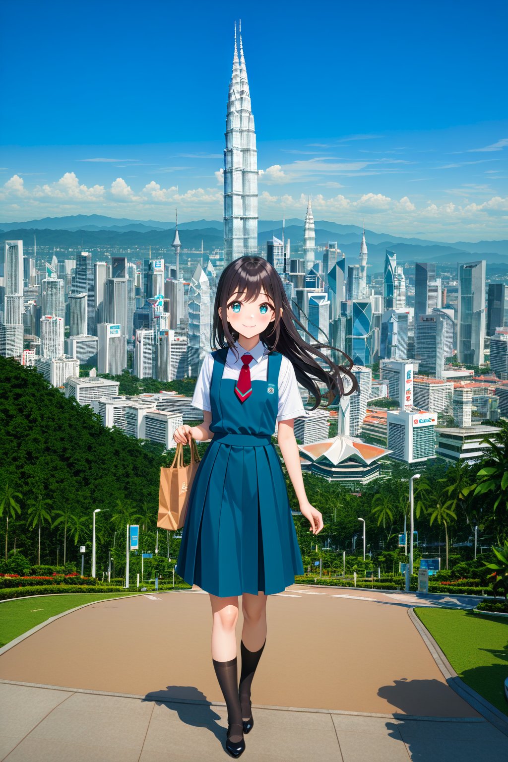 masterpiece, best quality,(1girl), solo,(depth of field),(solo focus),8K,HDR,(ultra high res),(highres),(full body),(lens flare),smiles,blush,(closed mouth),(black hair), (long hair),(aqua eyes),(floating hair), sidelocks,(malaysian secondary school uniform),(schoollogo),(school's logo on right side (pinafore dress)),(aqua blue skirt),(blue pinafore),(collared shirt),(white shirt),(short sleeves),(black socks),(black footwear),(ballet flats),(standing),(outdoors),(cityspace),(holding bag),(lamppost),urban,(petronas twin tower),(Longhouse) ,(national airport tower),KLCC,(Kuala Lumpur countryside),(Kuala Lumper Tower),Malaysia,(blue sky),landmarks 