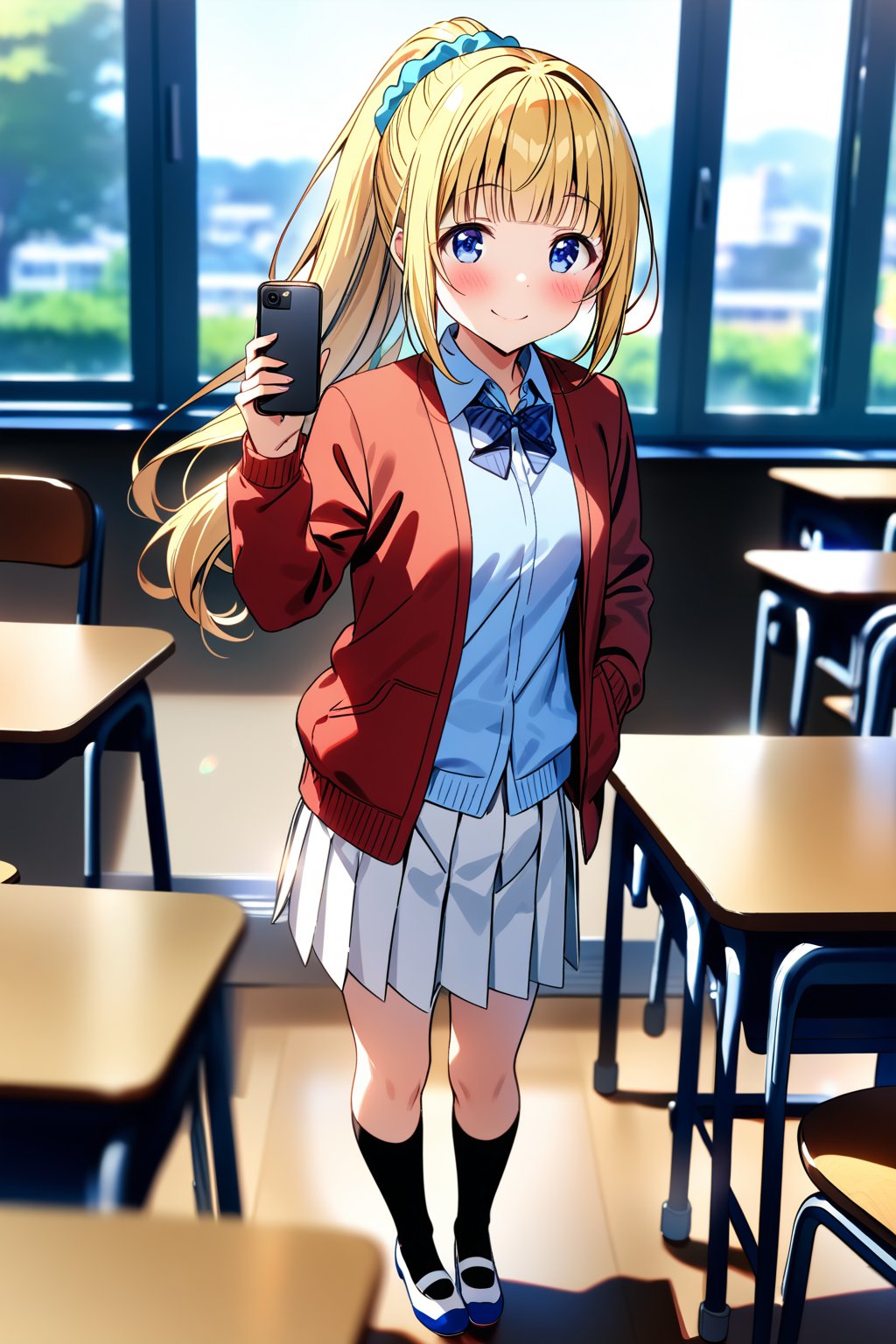 masterpiece, best quality,(1girl), solo,(depth of field),(solo focus),8K,HDR,(ultra high res),(highres),(full body),(lens flare),smiles,blush,(kei karuizawa),(blunt bangs),(blonde hair),(long hair),(ponytail),(blue eyes),(blue scrunchie),(hair scrunchie),(hair ornament),(advanced nurturing high school uniform),(red jacket),(open jacket),(blue shirt),(collared shirt),(blue bowtie),(white skirt),(pleated skirt),(black socks),(white footwear),(uwabaki),standing,indoors,classroom,(holding phone),(smartphone),(table),(chair),(curtain),(window), 