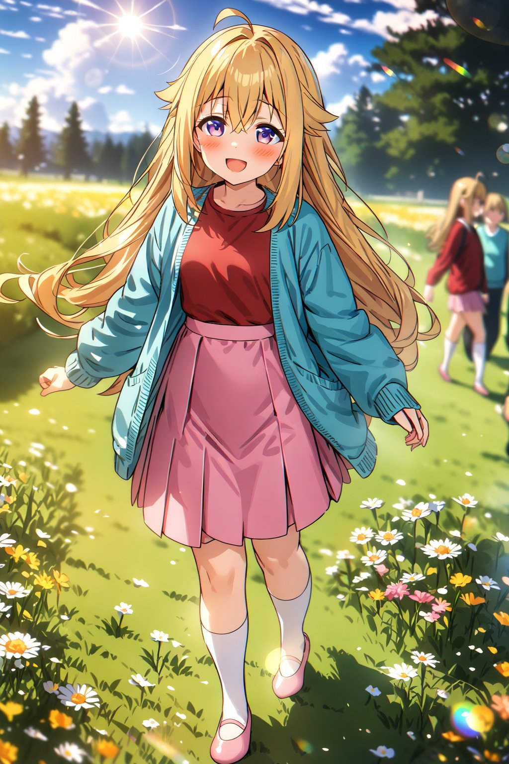 masterpiece, best quality,(1girl), solo,(depth of field),(solo focus),8K,HDR,(ultra high res),(highres),(full body),(lens flare),smiles,blush,(torako koshi),bangs,ahoge,(blonde hair),bangs,(long hair),(purple eyes),(hair between eyes),(sidelocks),(aqua cardigan),(open cardigan),(red shirt),(pink skirt),(white socks),(pink footwear),(ballet flats),walking,field,tree,flower,cloud, 