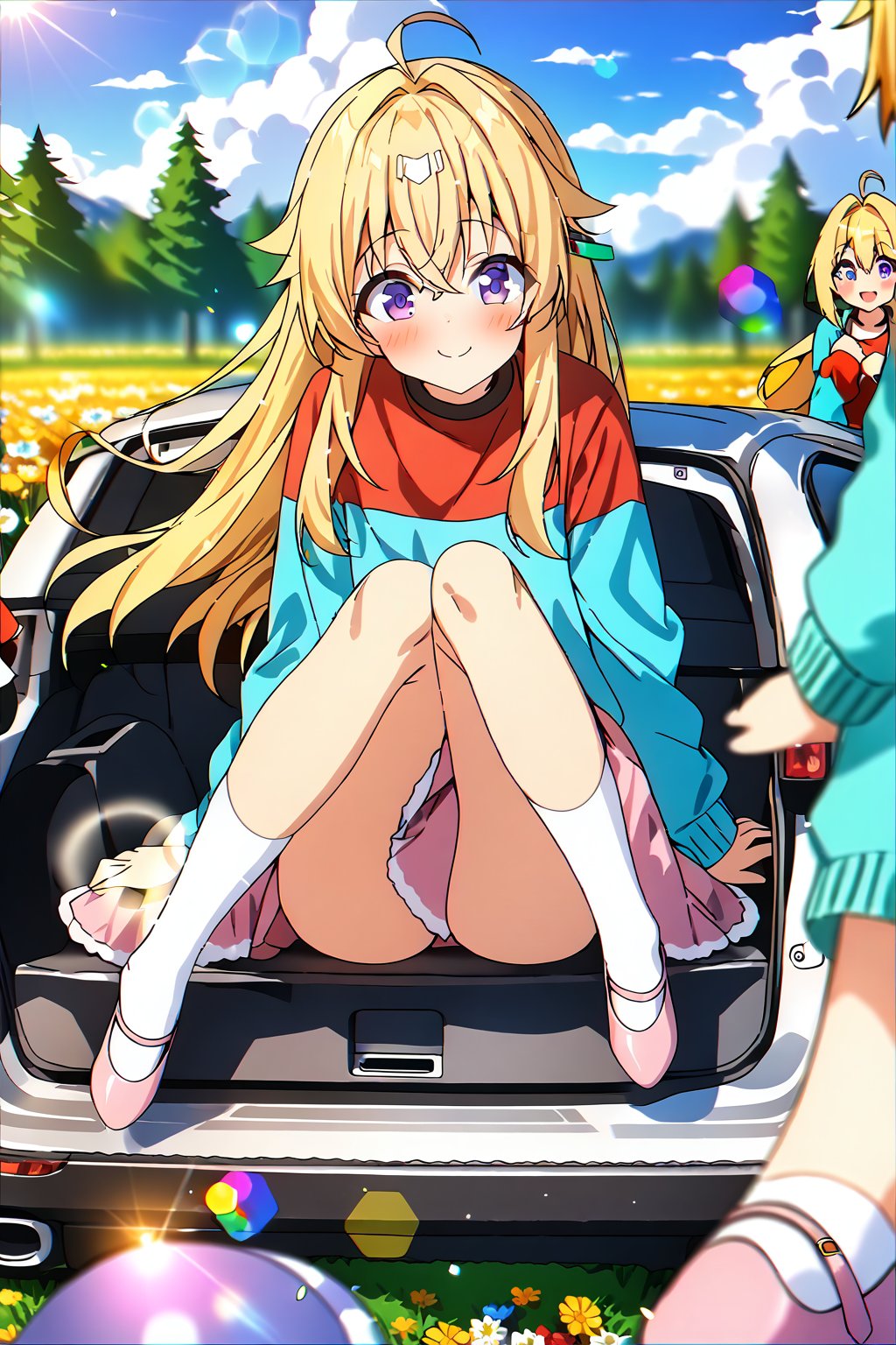 score_9, score_8_up, score_7_up, source_anime,masterpiece, best quality,(1girl), solo,(depth of field),(solo focus),8K,HDR,(ultra high res),(highres),(full body),(lens flare),smiles,blush,(ctiank0shi),ahoge (blonde hair),bangs,(long hair),(purple eyes),(aqua cardigan),(red shirt),(pink skirt),(white socks),(pink footwear),(ballet flats),car,(sitting in car trunk),field,tree,flower,cloud,