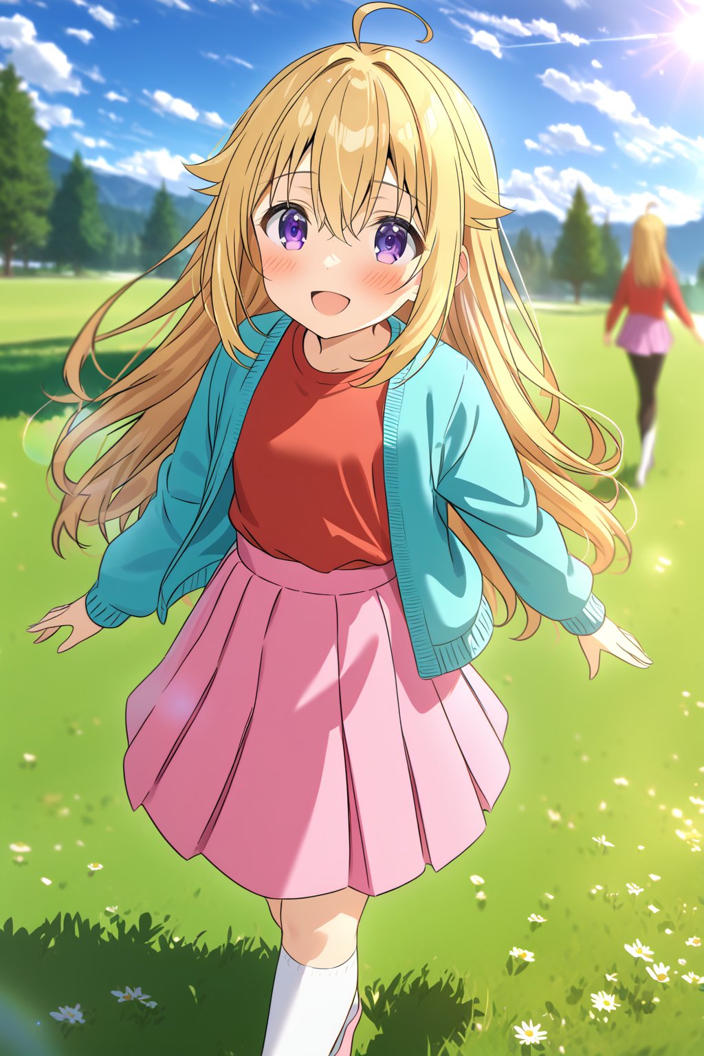 masterpiece, best quality,(1girl), solo,(depth of field),(solo focus),8K,HDR,(ultra high res),(highres),(full body),(lens flare),smiles,blush,(torako koshi),bangs,ahoge,(blonde hair),bangs,(long hair),(purple eyes),(hair between eyes),(aqua cardigan),(open cardigan),(red shirt),(pink skirt),(white socks),(pink footwear),(ballet flats),walking,field,tree,flower,cloud, 