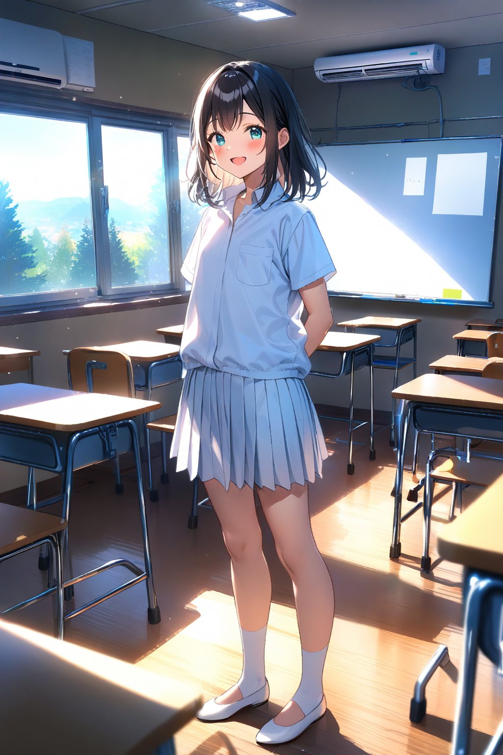 masterpiece, best quality,(1girl), solo,(depth of field),(solo focus),8K,HDR,(ultra high res),(highres),(full body),(perfect lighting),(lens flare),smiles,blush,(black hair), (medium hair),(aqua eyes), sidelocks,(collared shirt),((double pocket) of (white shirt)),(white buttons),(white skirt),(short sleeves),(white socks),(white footwear),(flats),(indoors),(classroom),(standing),(kyoushitsu),(school chair), (school desk), (whiteboard),(window),(ceiling light),curtains,tree,(air conditioners),