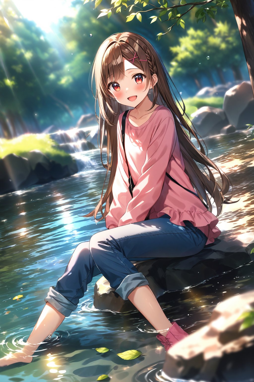 score_9, score_8_up, score_7_up,source_anime, masterpiece, best quality,(1girls), solo,(depth of field),(solo focus),8K,HDR,(ultra high res),(highres),(full body),(perfect lighting),(lens flare),smiles,blush,(nice hands), (perfect hands),(open mouth),(aoba kokona),(brown hair),(red eyes),(very long hair),(braided bangs),(parted bangs),(hairclip),(x hair ornament),collarbone,(pink dress),(black shirt),(sleeves past wrists),(sleeveless dress),(frilled dress),(long sleeves),(capri pants),(blue pants ),barefoot,toenail,(pink footwear),(sneakers),(shoes removed),(black socks removed),(sitting),outdoors,(looking at viewer),denim,(pants rolled up),(soaking feet),(dappled sunlight),handbag,rock,day, leaf, (shoulder bag),(hand between legs), wading, water,stream, (dutch angle),river,sunbeam,tree,branch