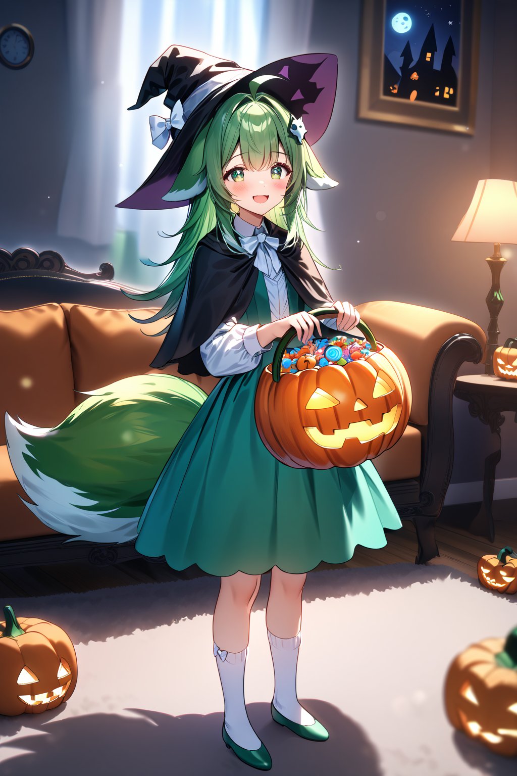 masterpiece, best quality,(1girl), solo,(depth of field),(solo focus),8K,HDR,(ultra high res),(highres),(full body),(lens flare),smiles,blush,(closed mouth),(huohuodef),(animal ears),(green hair),(long hair),(green eyes),(yin and yang hair ornament),((green tail),(fox tail)),ahoge,(((green headwear),(witch hat),(white bow))),dress,(white shirt),(aqua skirt),(white socks),(green footwear),(ballet flat),(black capelet),(open mouth),(standing),(halloween),(halloween bucket),(halloween costume),(happy halloween),indoors, moon,star,(holding pumpkin),(candy cane),(jack-o'-lantern),carpet,curtain,(living room),couch,night