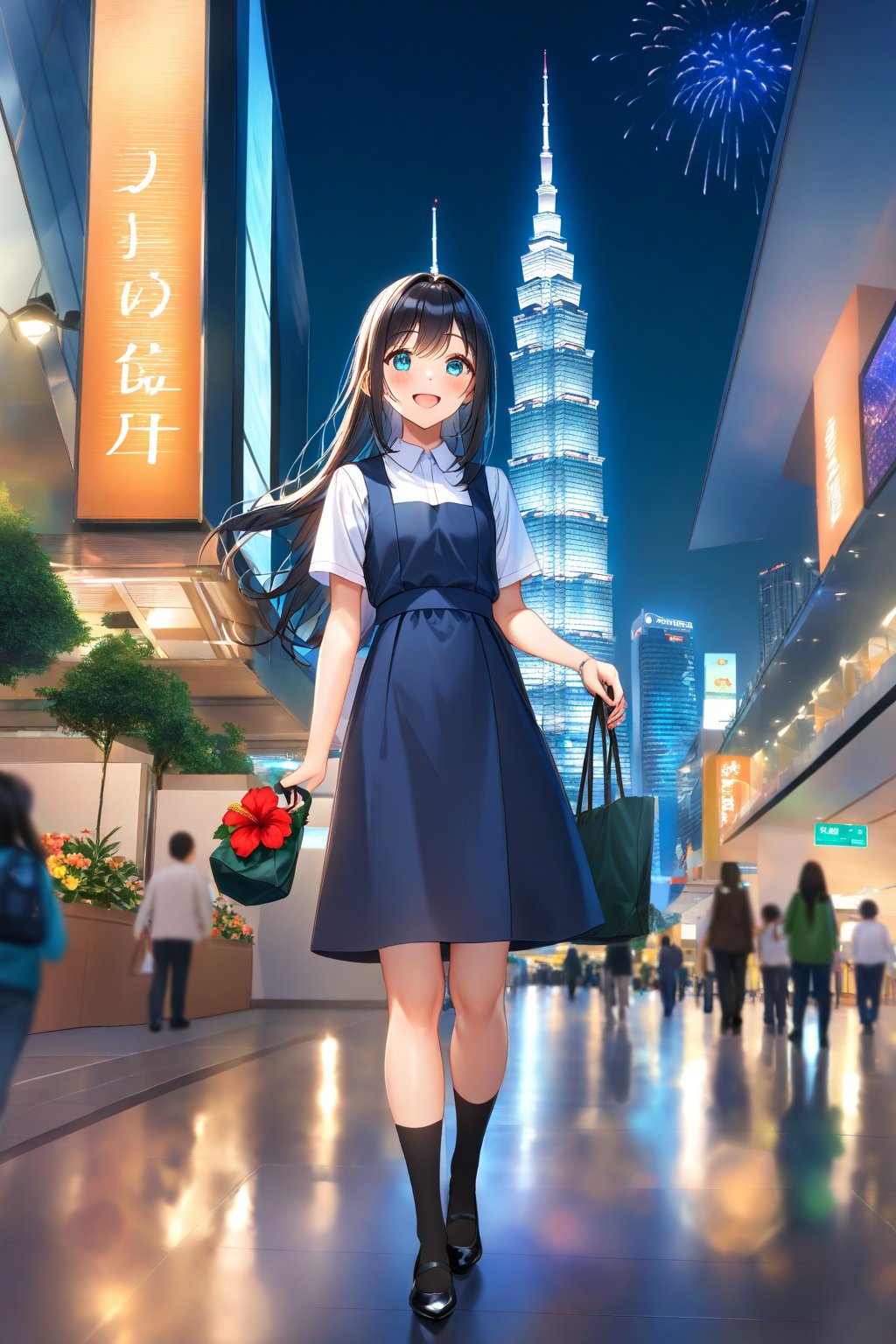 masterpiece, best quality,(1girl), solo,(depth of field),(solo focus),8K,HDR,(ultra high res),(highres),(full body),(lens flare),smiles,blush,(black hair), (long hair),(aqua eyes),(floating hair), sidelocks,(malaysian secondary school uniform),(schoollogo),(school's logo on right side (pinafore dress)),(aqua blue skirt),(blue pinafore),(collared shirt),(white shirt),(short sleeves),(black socks),(black footwear),(ballet flats),(standing),(outdoors),(cityspace),(holding bag),(lamppost),(building),urban,(petronas twin tower),(Longhouse),(national airport tower),KLCC,(Kuala Lumpur countryside),(Kuala Lumper Tower),Malaysia,(blue sky),landmarks,night,firework,(Hibiscus rosa-sinensis),flower,street