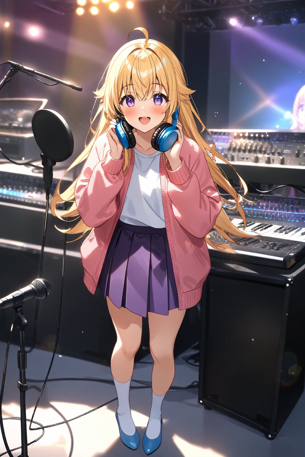 masterpiece, best quality,(1girl), solo,(depth of field),(solo focus),8K,HDR,(ultra high res),(highres),(full body),(lens flare),smiles,blush,ctiank0shi,ahoge (blonde hair),bangs,(long hair),(purple eyes),(pink cardigan),(open cardigan),(red shirt),(long sleeves),(purple skirt),(white socks),(blue footwear),(flats),(indoors),(amplifier),(cable),(computer keyboard),(pop filter),(contemporary),(music stand),(holding headphones),(instrument),(music),(microphone stand),(singing),(speaker),(stage lights),(studio),(studio microphone )