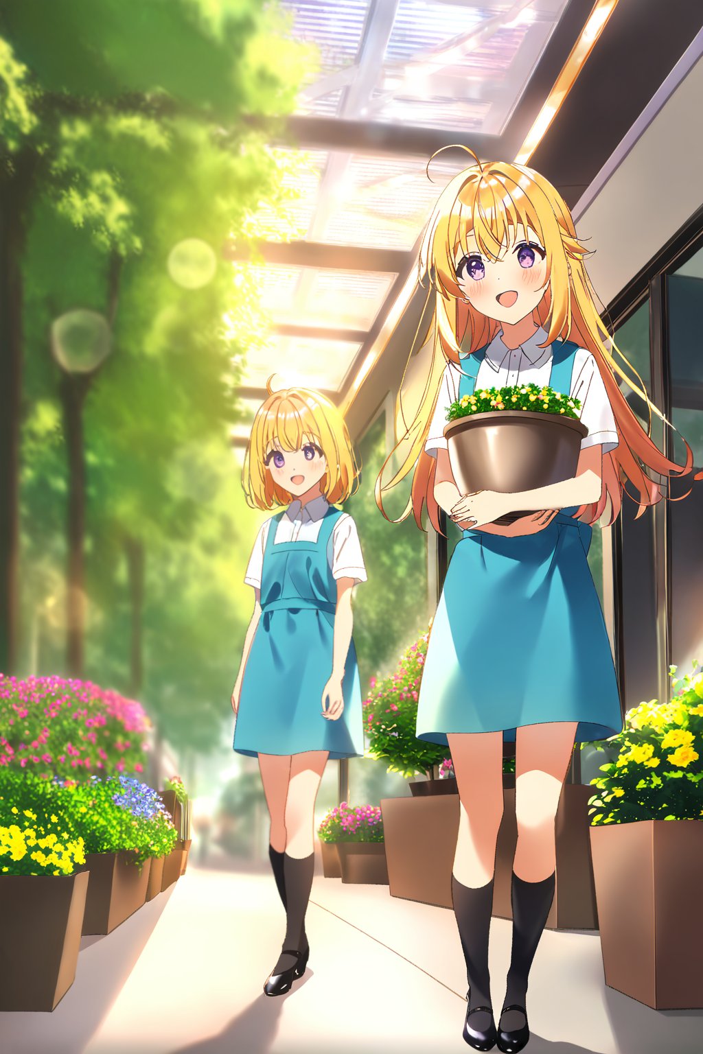 score_9, score_8_up, score_7_up, source_anime,masterpiece, best quality,(1girl), solo,(depth of field),(solo focus),8K,HDR,(ultra high res),(highres),(full body),(lens flare),smiles,blush,ctiank0shi,ahoge (blonde hair),bangs,(long hair),(purple eyes),(malaysian secondary school uniform),(schoollogo),(school's logo on right side (pinafore dress)),(aqua blue skirt),(blue pinafore),(collared shirt),(white shirt),(short sleeves),(black socks),(black footwear),(ballet flats),(holding school bag),(indoors),(shopping mall),bench, (flower pot),bush, flag, (tree pot), scenery, (glass handrail), reflection, (decorate ceiling),(ceiling lighting),stainless