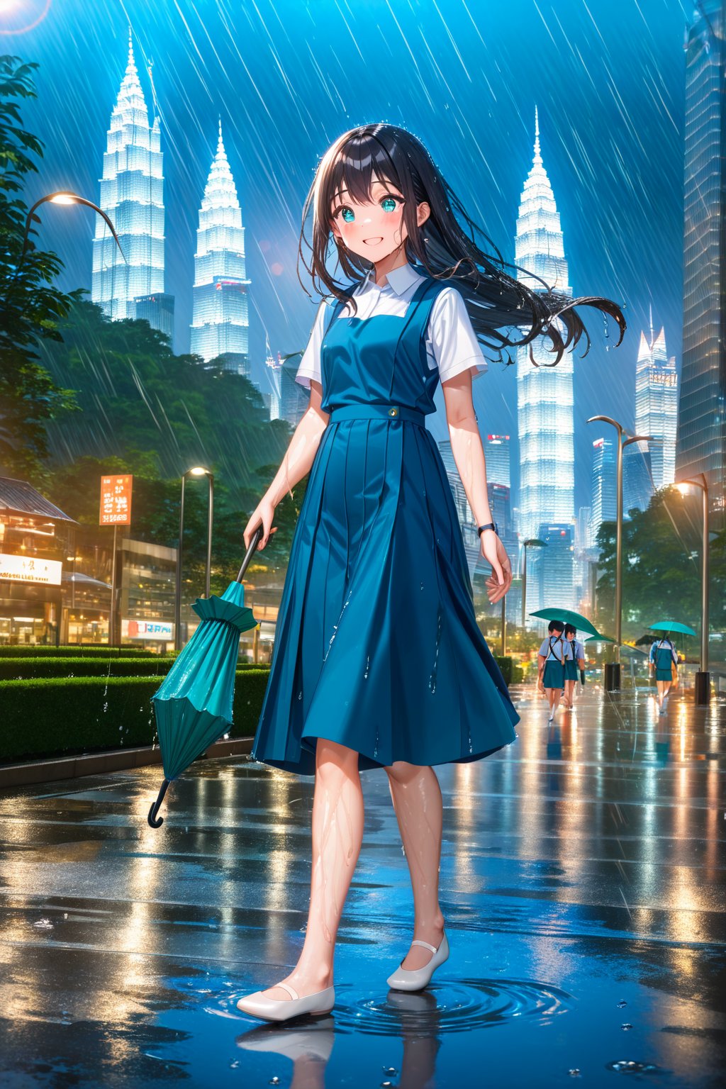 masterpiece, best quality,(1girl), solo,(depth of field),(solo focus),8K,HDR,(ultra high res),(highres),(full body),(perfect lighting),(lens flare),smiles,blush,(black hair), (long hair),(aqua eyes),(floating hair), sidelocks,(malaysian secondary school uniform),(schoollogo),(school's logo on right side (pinafore dress)),(aqua blue skirt),(blue pinafore),(collared shirt),(white shirt),(short sleeves),(no socks),(white footwear),(ballet flats),(walking),(outdoors),(flood),(water),(rainstorm),(rain),(water drop),(cityspace),(holding umbrella),(wet),(lamppost),urban,(wet floor),(petronas twins tower),(Kuala Lumper Tower),Malaysia,