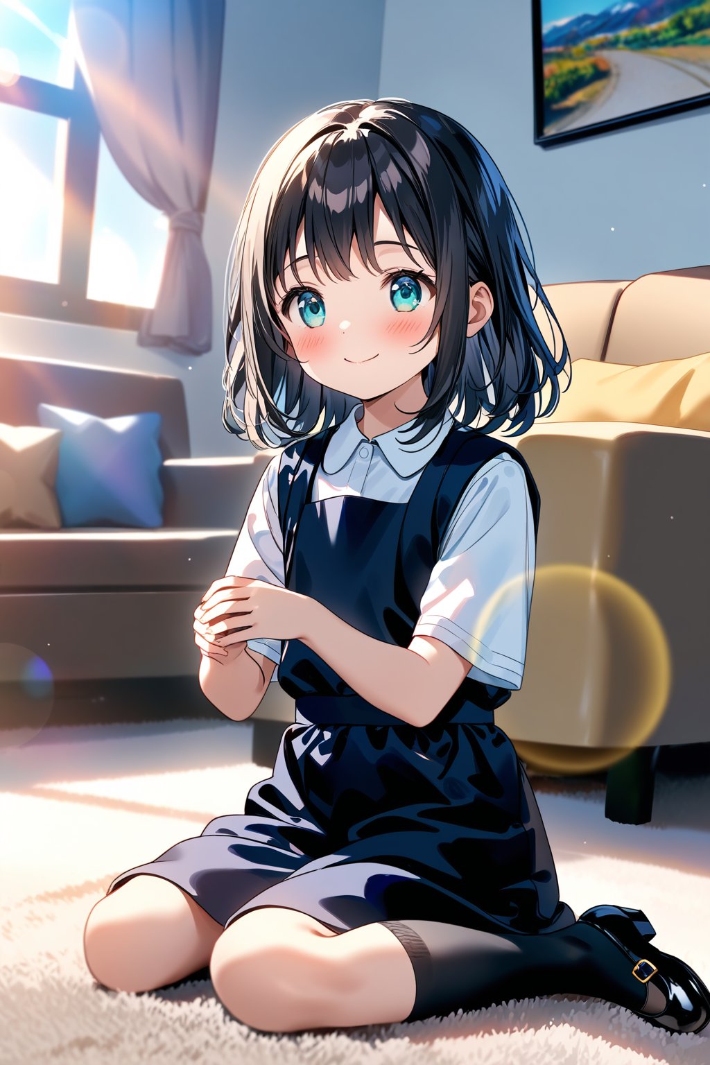 masterpiece, best quality,(1girl), solo,(depth of field),(solo focus),8K,HDR,(ultra high res),(highres),(full body),(lens flare),smiles,blush,(closed mouth),(black hair), (medium hair),(aqua eyes),(floating hair), sidelocks,(malaysian secondary school uniform),(schoollogo),(school's logo on right side (pinafore dress)),(black skirt),(black pinafore),(collared shirt),(white shirt),(short sleeves),(black socks),(black footwear),(mary janes),(sitting),(loli),(child),(indoors),(living room),shelf,curtain,carpet,windows,couch,