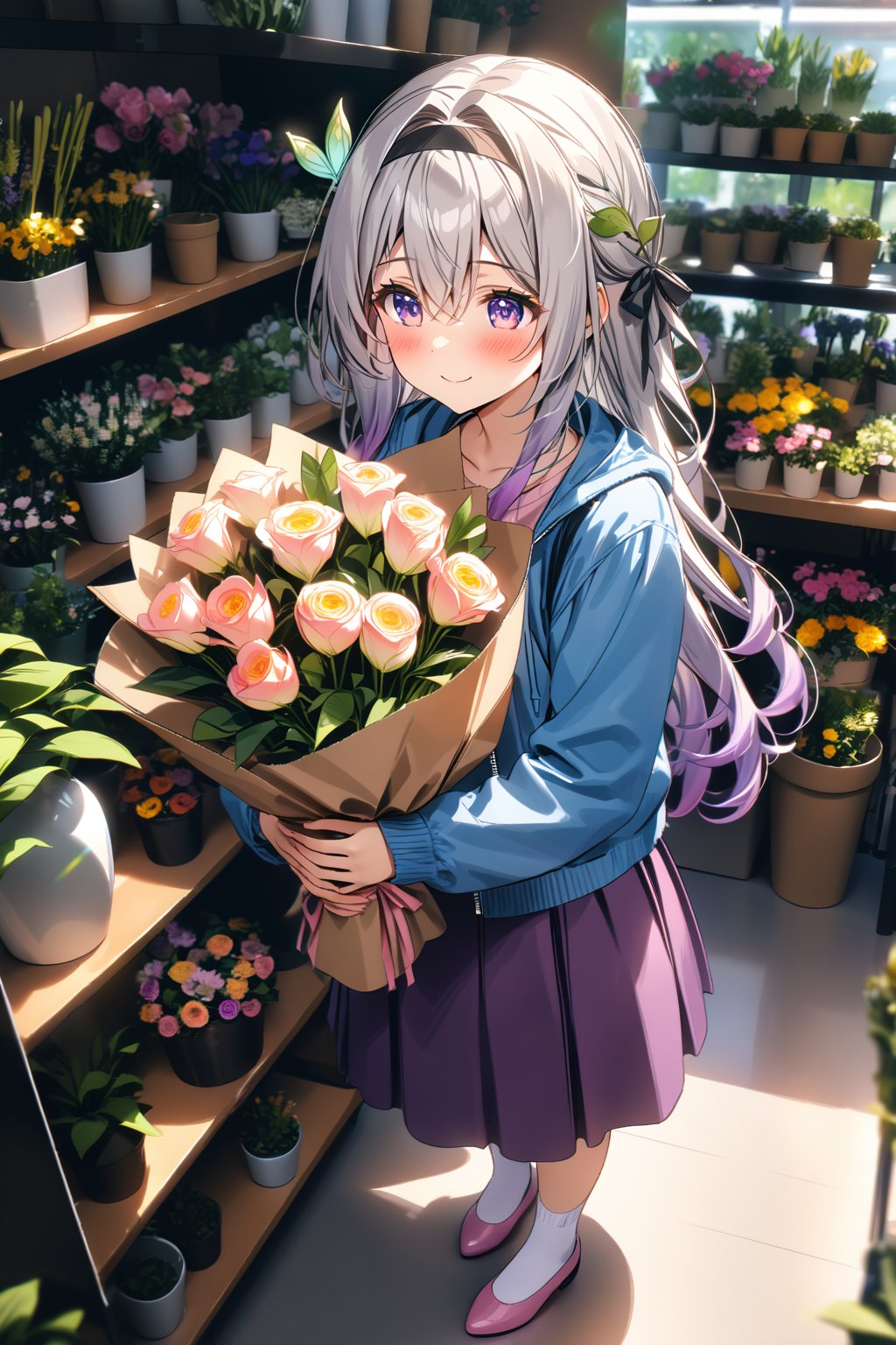 masterpiece, best quality,(1girl), solo,(depth of field),(solo focus),8K,HDR,(ultra high res),(highres),(full body),(lens flare),smiles,blush,(closed mouth),Firefly,(parted bangs),(purple eyes),(grey hair),(gradient hair),(hair intakes),(long hair),(black hairband),(leaf hair ornament),(black ribbon),(hair between eyes),(blue jacket),(pink shirt),(purple skirt),(white socks),(pink footwear),(flats),(standing),(indoors),curtains,(flower shop),(shop),(holding bouquet),florist,(loaded interior),(potted plant),(flower),vase,wreath,