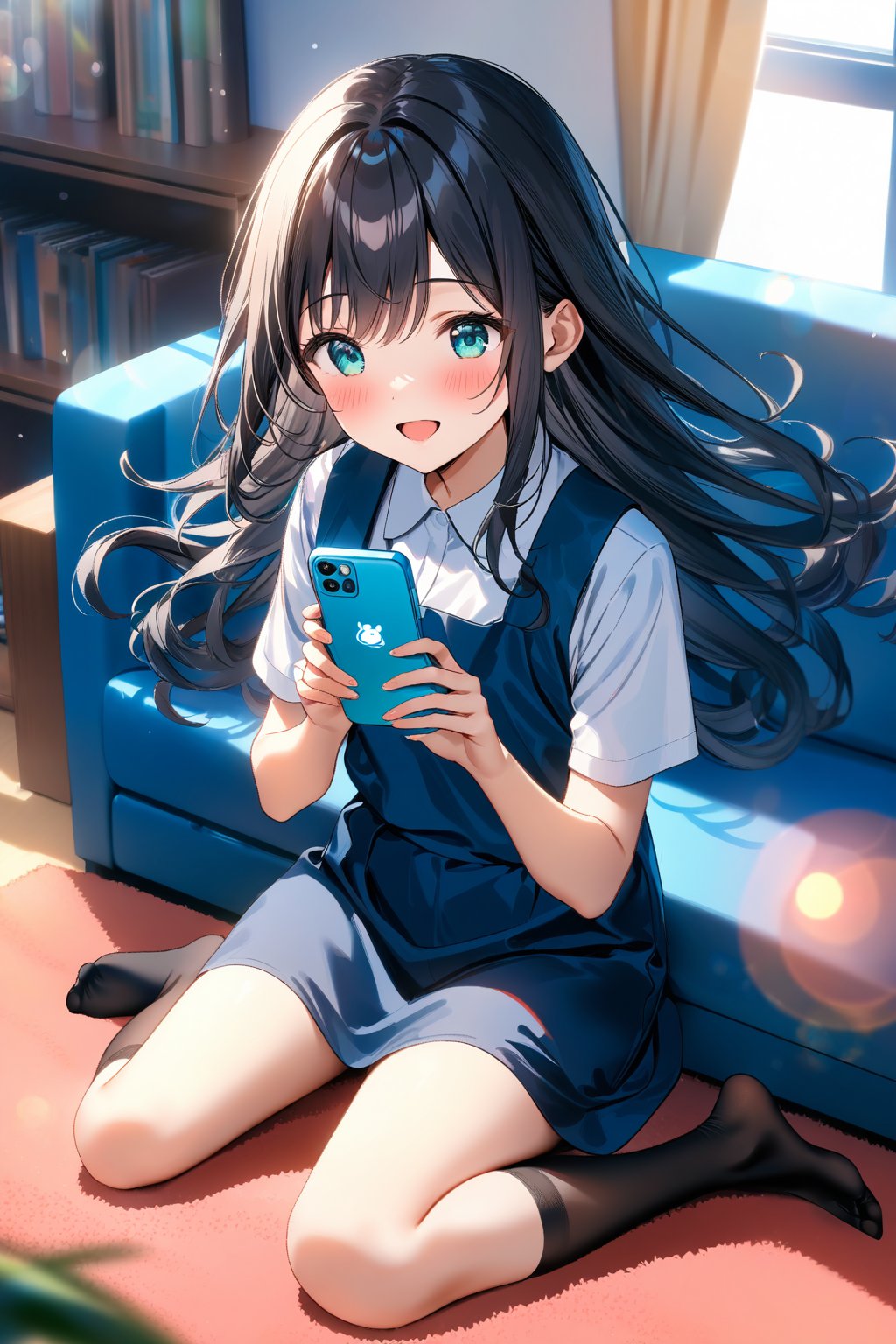 masterpiece, best quality,(1girl), solo,(depth of field),(solo focus),8K,HDR,(ultra high res),(highres),(full body),(lens flare),smiles,blush,(black hair), (long hair),(aqua eyes),(floating hair), sidelocks,(malaysian secondary school uniform),(schoollogo),(school's logo on right side (pinafore dress)),(aqua blue skirt),(blue pinafore),(collared shirt),(white shirt),(short sleeves),(black socks),(no shoes),(unworn ballet flat),(sitting on couch),(indoors),(holding the smartphone),(living room),curtains,window, carpet,shelf,