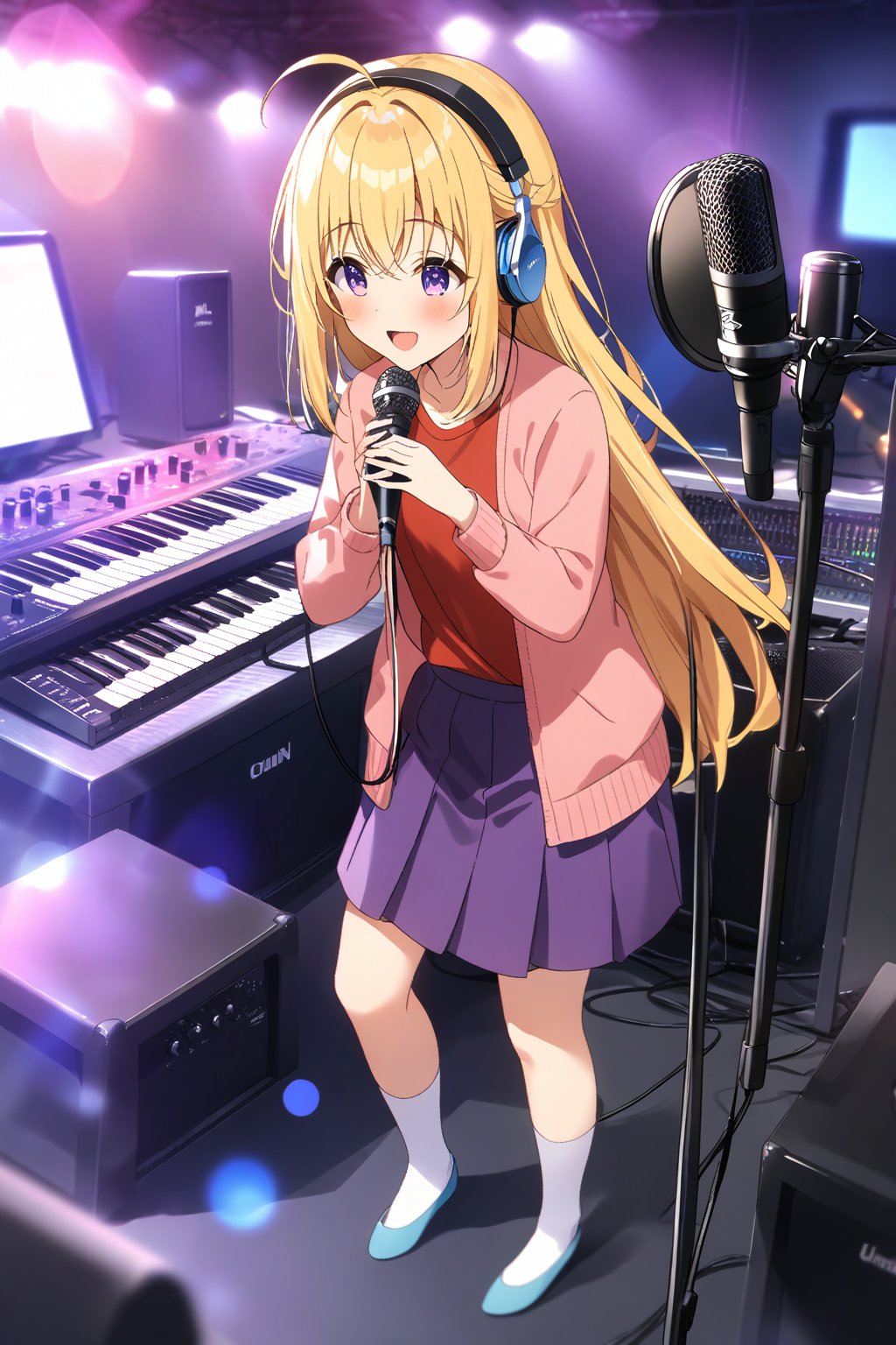 masterpiece, best quality,(1girl), solo,(depth of field),(solo focus),8K,HDR,(ultra high res),(highres),(full body),(lens flare),smiles,blush,ctiank0shi,ahoge (blonde hair),bangs,(long hair),(purple eyes),(pink cardigan),(open cardigan),(red shirt),(long sleeves),(purple skirt),(white socks),(blue footwear),(flats),(indoors),(amplifier),(cable),(computer keyboard),(pop filter),(contemporary),(music stand),(headphones),(instrument),(music),(microphone stand),(singing),(speaker),(stage lights),(studio),(studio microphone )