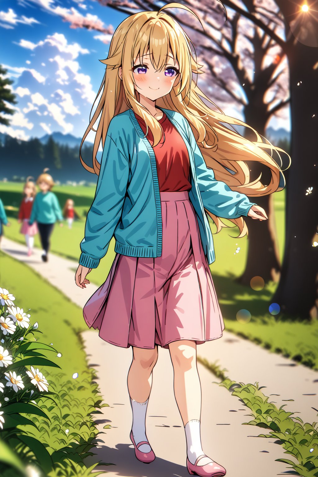 masterpiece, best quality,(1girl), solo,(depth of field),(solo focus),8K,HDR,(ultra high res),(highres),(full body),(lens flare),smiles,blush,(torako koshi),bangs,ahoge,(blonde hair),bangs,(long hair),(purple eyes),(hair between eyes),(sidelocks),(aqua cardigan),(open cardigan),(red shirt),(pink skirt),(white socks),(pink footwear),(ballet flats),walking,field,tree,flower,cloud, 