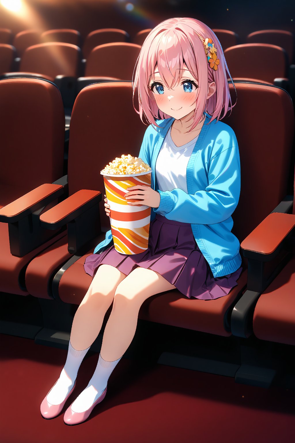 masterpiece, best quality,(1girl), solo,(depth of field),(solo focus),8K,HDR,(ultra high res),(highres),(full body),(lens flare),smiles,blush,(closed mouth),( yuipcrbase),bangs,(pink hair), (blue eyes), (medium hair), (hair between eyes),(yellow hairband),(hair ornament),(blue cardigan),(open cardigan),(white shirt),(collarbine),(purple skirt),(long sleeves),(white socks),(pink footwear),(ballet flats),(sitting),indoors, cinema,(holding food),(popcorn),(disposable cup),(drink),(movie theater),(theater seating),