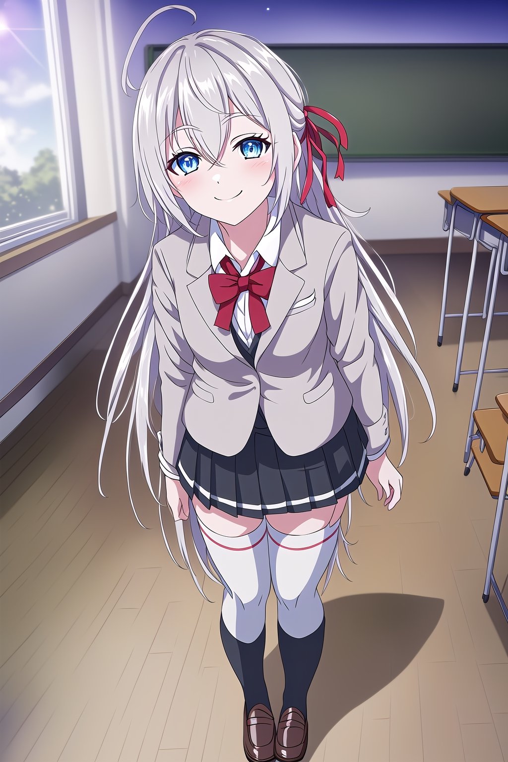 masterpiece, best quality, (beautiful detailed eyes),(1girl), solo,(depth of field),(sharp focus),8K,HDR,(ultra high res),(highres),(full body),(perfect lighting),(lens flare),smiles,blush,alisa,(white hair),(very long hair),(crossed bangs),ahoge,(blue eyes),(hair between eyes),((hair ribbon),(red ribbon)),(medium breasts),(zettai ryouiki),(grey jacket),(white shirt),(wing collar),(red bowtie),((pleated skirt),(black skirt)),(white thighhighs),(brown footwear),(loafers),(indoors),(classroom),standing,(closed mouth),