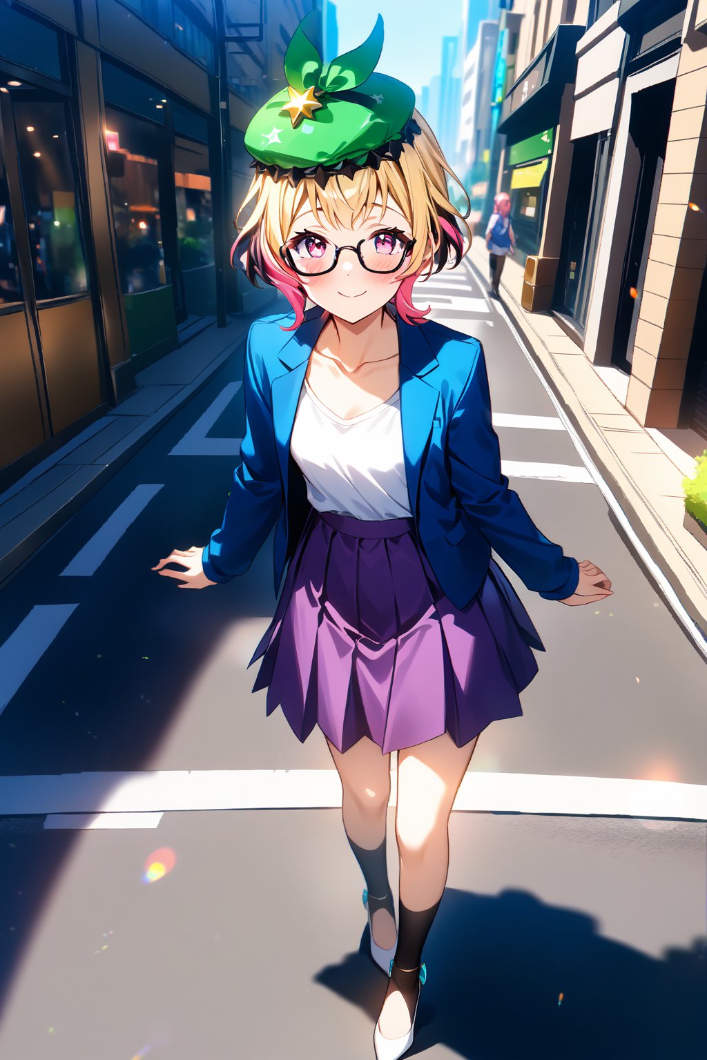 score_9, score_8_up, score_7_up, score_6_up, source_anime,masterpiece, best quality,(1girl), solo,(depth of field),(solo focus),8K,HDR,(ultra high res),(highres),(full body),(lens flare),smiles,blush,(closed mouth),(em1lie),((blonde hair),(pink hair)(multicolored hair)),(two-tone hair),(pink eyes),(green hat),(hair ornament),(black-framed eyewear),(blue jacket),(open jacket),(white shirt),(collarbone),(purple skirt),(black socks),(white footwear),(high heels),(standing),(outdoors), cityscape,traffic,(human road),street,tower,