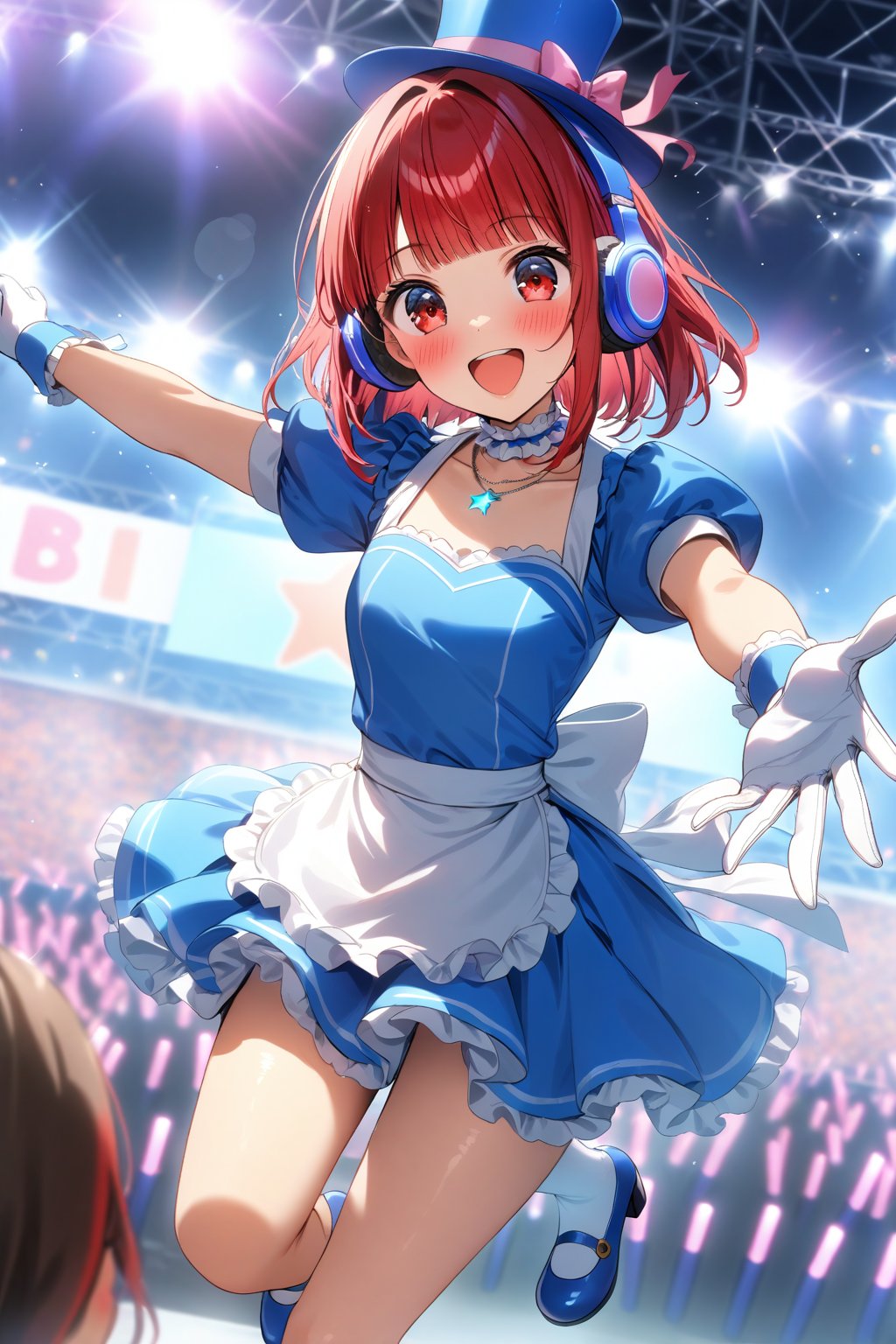 masterpiece, best quality,(1girl), solo,(depth of field),(solo focus),8K,HDR,(ultra high res),(highres),(full body),(lens flare),smiles,blush,(Perfect Hands),(Kana-XL),(medium hair), (red eyes), (red hair),(blunt bangs),(top hat),(
hat bow),(idol clothes),(white bowtie),(blue dress),(frilled choker),(pink ribbon),(puffy short sleeves),(wrist cuffs)(white apron),(white gloves).(necklace),(white sock), (blue footwear),(mary janes),(pink headphones),(outdoors),(holding microphone),music, singing,(stage),(stage lights),(star (sky)),sparkle,(scaffolding),(standing),audience,glowstick,(outstretched arm),(feet out of frame),(leg up),