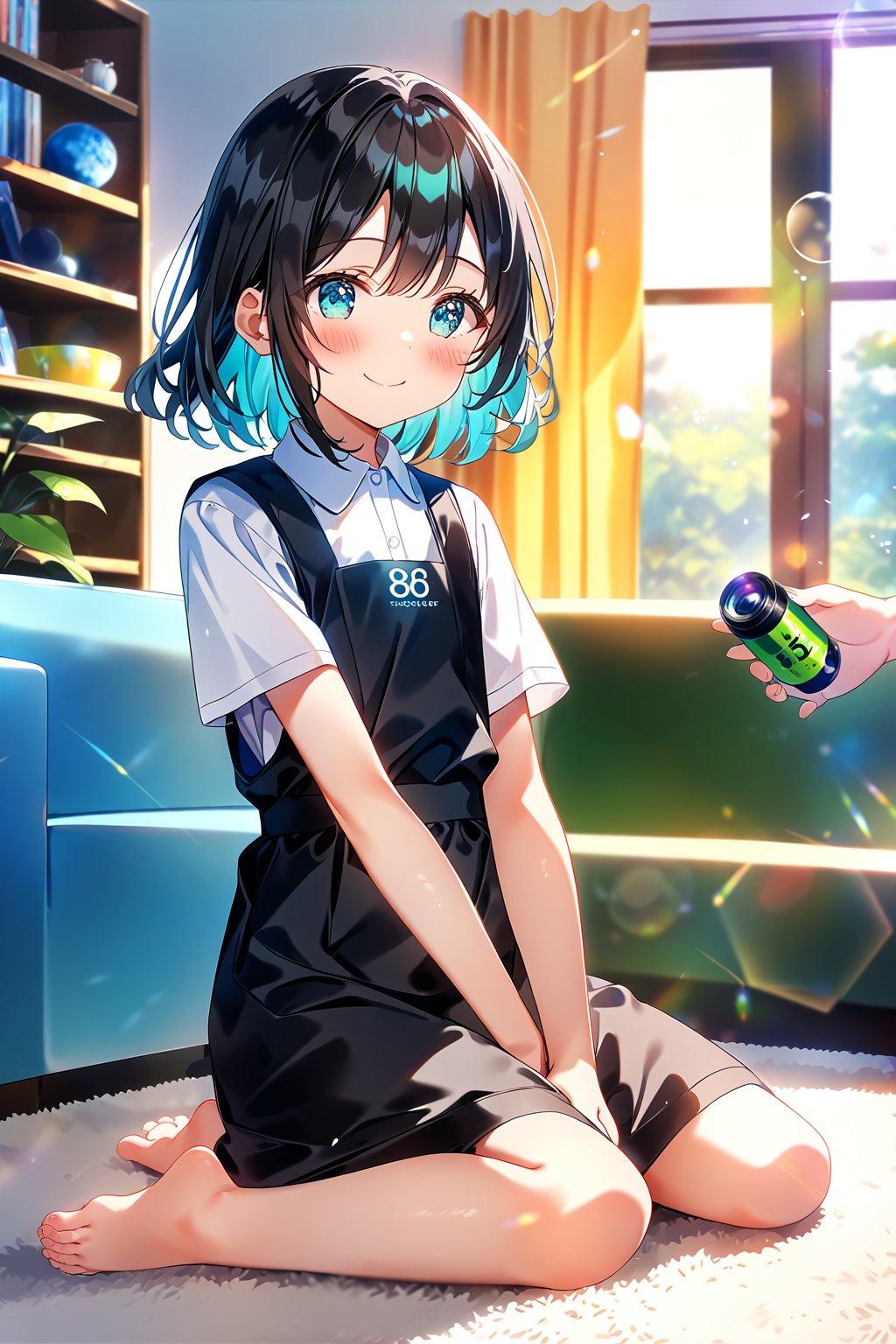 score_9, score_8_up, score_7_up,source_anime, masterpiece, best quality,(1girl), solo,(depth of field),(solo focus),8K,HDR,(ultra high res),(highres),(full body),(lens flare),smiles,blush,(closed mouth),(black hair), (medium hair),(aqua eyes),(floating hair), sidelocks,(malaysian secondary school uniform),(schoollogo),(school's logo on right side (pinafore dress)),(black skirt),(black pinafore),(collared shirt),(white shirt),(short sleeves),(barefoot),(toenail),(feetsandwich),(no shoes),(sitting),(loli),(child),(indoors),(living room),shelf,curtain,carpet,windows,couch,