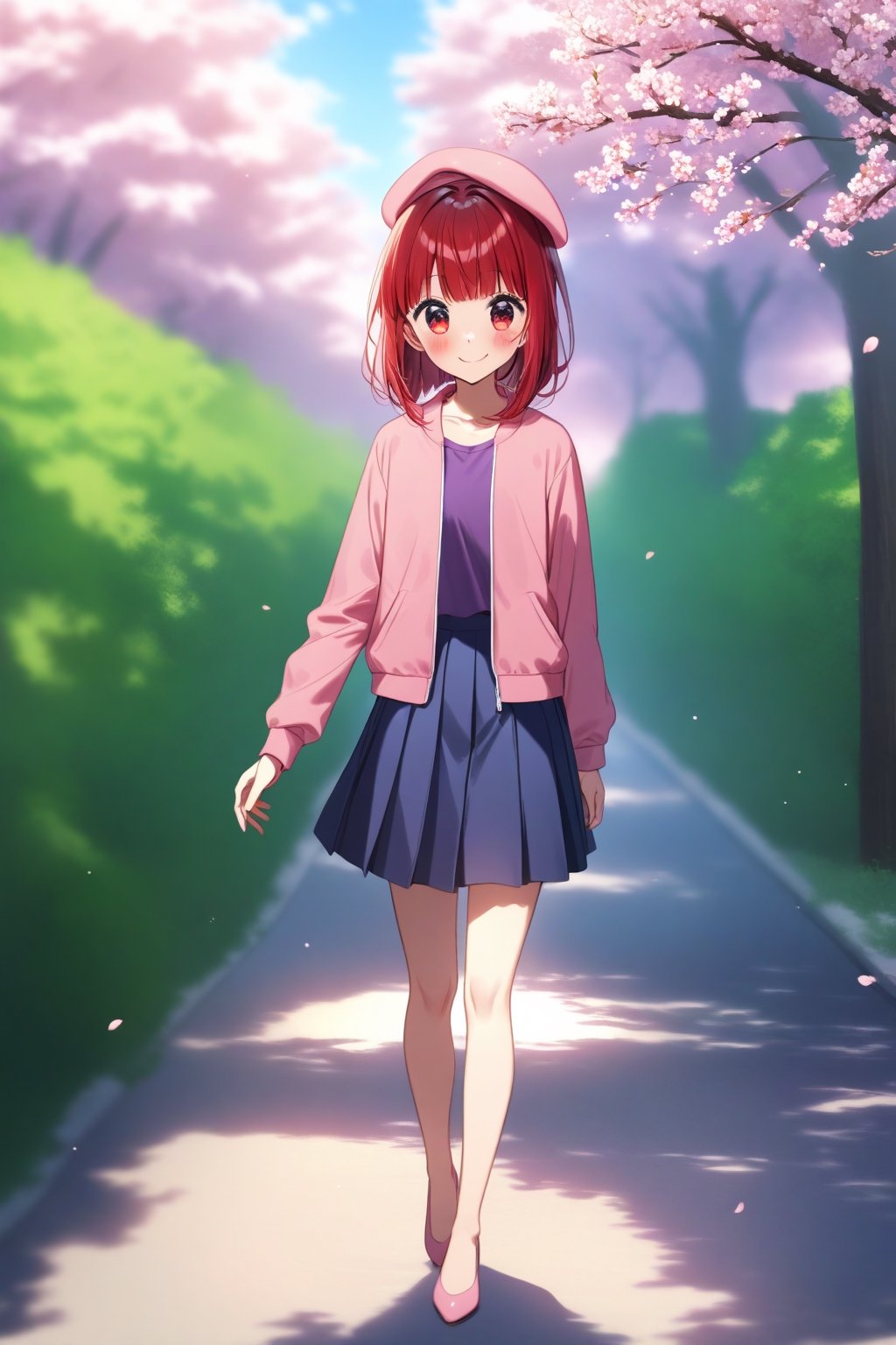 masterpiece, best quality,(1girl), solo,(depth of field),(sharp focus),8K,HDR,(ultra high res),(highres),(full body),(perfect lighting),(lens flare),smiles,blush,(Kana-XL),(medium hair), (red eyes), (red hair), (blunt bangs),(violet beret),((pink jacket),(open jacket)),(purple shirt),(blue skirt),(long sleeves),(no socks),(pink footwear),(flats), scenery, tree, scenery, outdoors,road,(cherry blossoms), street, walking, 