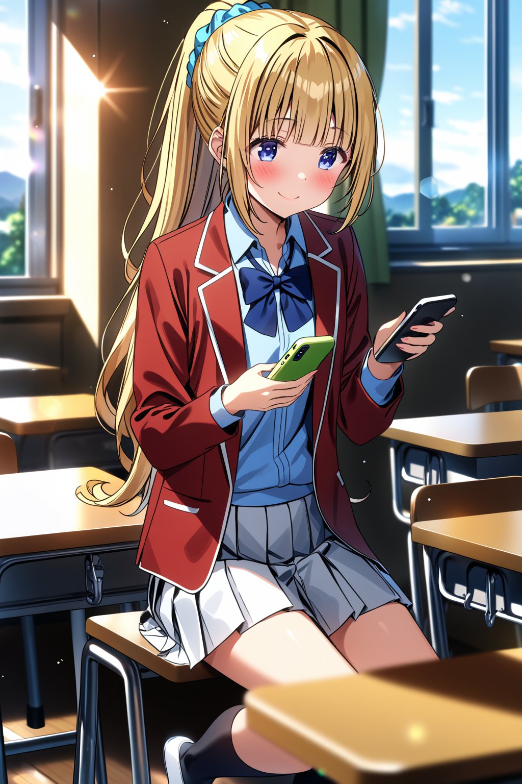 masterpiece, best quality,(1girl), solo,(depth of field),(solo focus),8K,HDR,(ultra high res),(highres),(full body),(lens flare),smiles,blush,(kei karuizawa),(blunt bangs),(blonde hair),(long hair),(ponytail),(blue eyes),(blue scrunchie),(hair scrunchie),(hair ornament),(advanced nurturing high school uniform),(red jacket),(open jacket),(blue shirt),(collared shirt),(blue bowtie),(white skirt),(pleated skirt),(black socks),(white footwear),(uwabaki),sitting,indoors,classroom,(holding phone),(smartphone),(table),(on chair),(curtain),(window), 