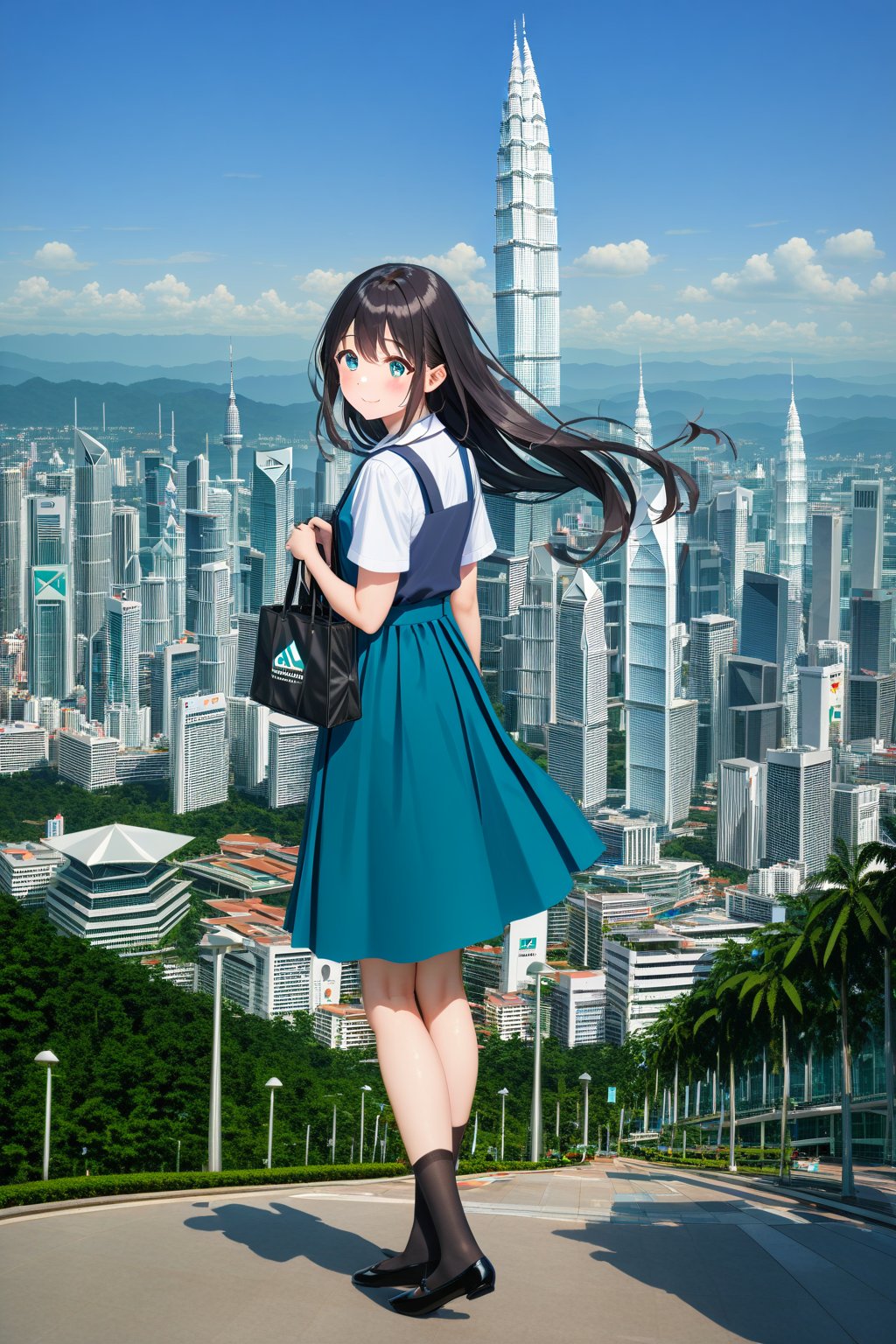 masterpiece, best quality,(1girl), solo,(depth of field),(solo focus),8K,HDR,(ultra high res),(highres),(full body),(lens flare),smiles,blush,(closed mouth),(black hair), (long hair),(aqua eyes),(floating hair), sidelocks,(malaysian secondary school uniform),(schoollogo),(school's logo on right side (pinafore dress)),(aqua blue skirt),(blue pinafore),(collared shirt),(white shirt),(short sleeves),(black socks),(black footwear),(ballet flats),(standing),(outdoors),(cityspace),(holding bag),(lamppost),urban,(petronas twin tower),(Longhouse) ,(national airport tower),KLCC,(Kuala Lumpur countryside),(Kuala Lumper Tower),Malaysia,(blue sky),landmarks 