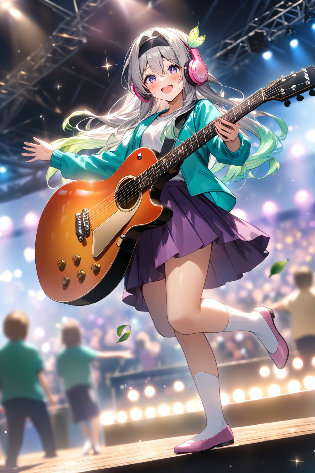 masterpiece, best quality,(1girl), solo,(depth of field),(solo focus),8K,HDR,(ultra high res),(highres),(full body),(lens flare),smiles,blush,Firefly,(parted bangs),(purple eyes),(grey hair),(gradient hair),(hair intakes),(long hair),(black hairband),(leaf hair ornament),(black ribbon),(hair between eyes),(aqua jacket),(white shirt),(purple skirt),(white socks),(pink footwear),(flats),(pink headphones),(outdoors),(holding guitar),(electric guitar),music, singing,(stage),(stage lights),(star (sky)),sparkle,(scaffolding),(standing),audience,glowstick,(outstretched arm),(feet out of frame),(leg up)