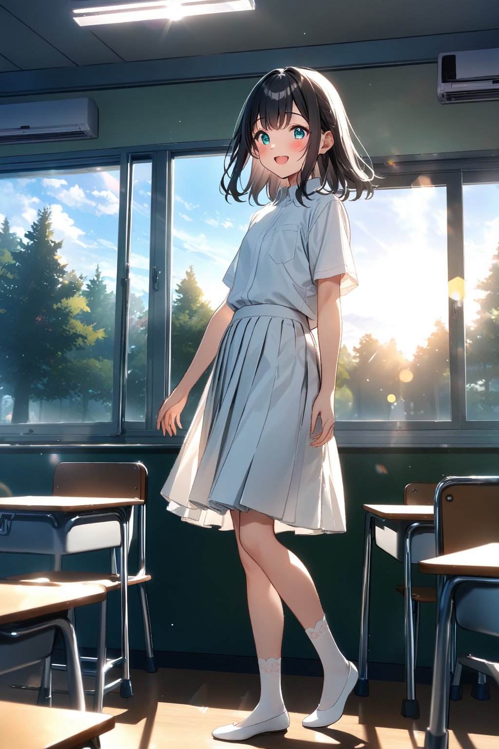 masterpiece, best quality,(1girl), solo,(depth of field),(solo focus),8K,HDR,(ultra high res),(highres),(full body),(perfect lighting),(lens flare),smiles,blush,(black hair), (medium hair),(aqua eyes), sidelocks,(collared shirt),((double pocket) of (white shirt)),(white buttons),(white skirt),(short sleeves),(white socks),(white footwear),(flats),(indoors),(classroom),(standing),(kyoushitsu),(school chair), (school desk), (whiteboard),(window),(ceiling light),curtains,tree,(air conditioners),