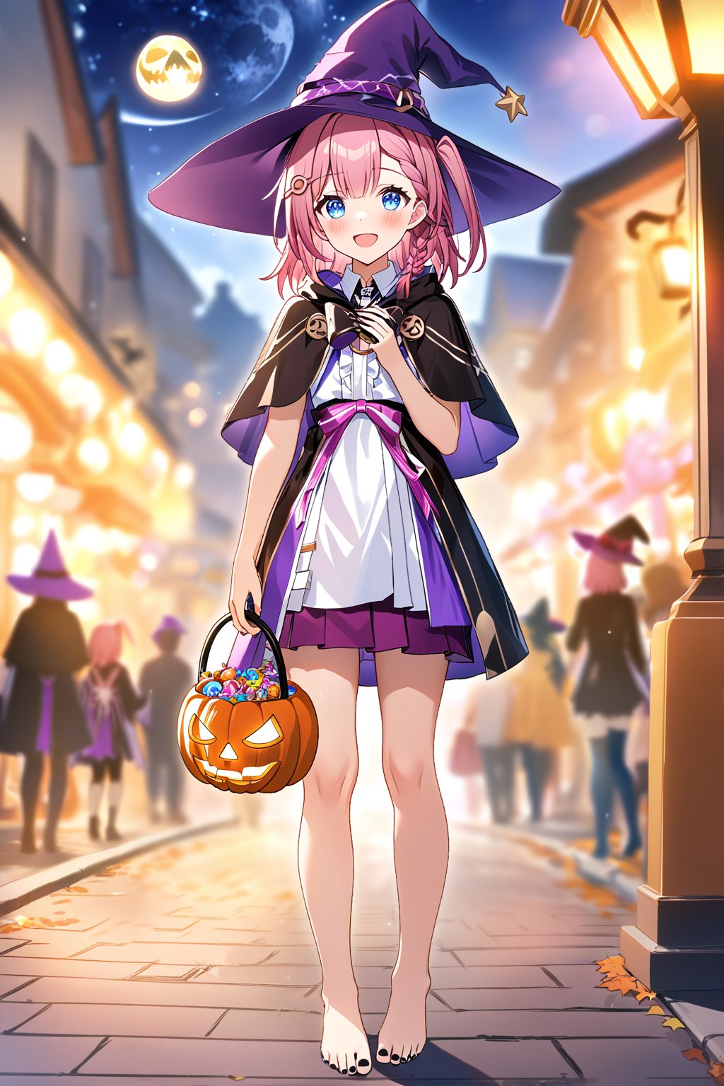 masterpiece, best quality,(1girl), solo,(depth of field),(solo focus),8K,HDR,(ultra high res),(highres),(full body),(lens flare),smiles,blush,(closed mouth),asta \(honkai: star rail\),(pink hair),(medium hair),((one side up)),(blue eyes),(hairclip),(hair ornament),(((purple headwear),(witch hat),(white bow))),dress,(white shirt),(purple skirt),(barefoot),(toenail polish),(black nail),(black capelet),(open mouth),(standing),(halloween),(halloween bucket),(halloween costume),(happy halloween),outdoors, moon,star,(holding pumpkin),(candy cane),(jack-o'-lantern),street,cityscape,night,