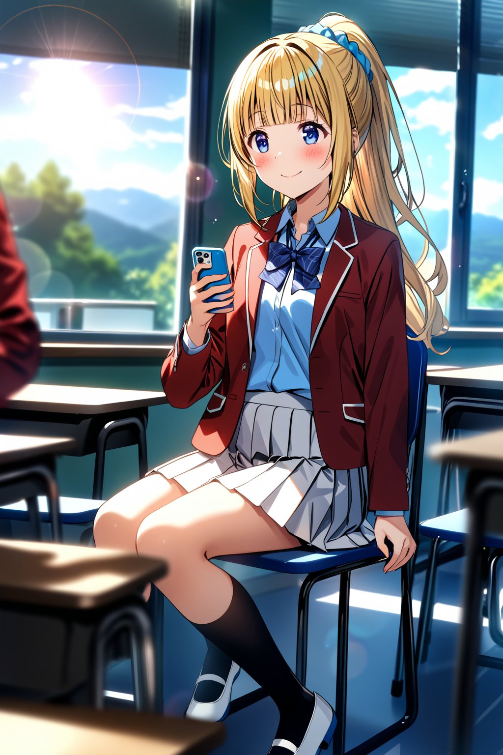 masterpiece, best quality,(1girl), solo,(depth of field),(solo focus),8K,HDR,(ultra high res),(highres),(full body),(lens flare),smiles,blush,(kei karuizawa),(blunt bangs),(blonde hair),(long hair),(ponytail),(blue eyes),(blue scrunchie),(hair scrunchie),(hair ornament),(advanced nurturing high school uniform),(red jacket),(open jacket),(blue shirt),(collared shirt),(blue bowtie),(white skirt),(pleated skirt),(black socks),(white footwear),(uwabaki),sitting,indoors,classroom,(holding phone),(smartphone),(table),(on chair),(curtain),(window), 