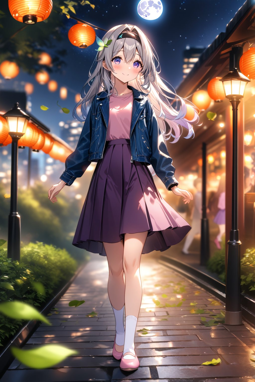 masterpiece, best quality,(1girl), solo,(depth of field),(solo focus),8K,HDR,(ultra high res),(highres),(Exquisite visuals),(narrow waist),(full body),(lens flare),smiles,blush,(nice hands), (perfect hands),((absurdres)),Firefly,(parted bangs),(purple eyes),(grey hair),(gradient hair),(hair intakes),(long hair),(black hairband),(leaf hair ornament),(black ribbon),(hair between eyes),(blue jacket),(pink shirt),(purple skirt),(white socks),(pink footwear),(flats),(digital watch),outdoors,(paper lantern),walking,park, cityscape,river,lamppost,(night sky),(star \(sky\)),(full moon),(culture),