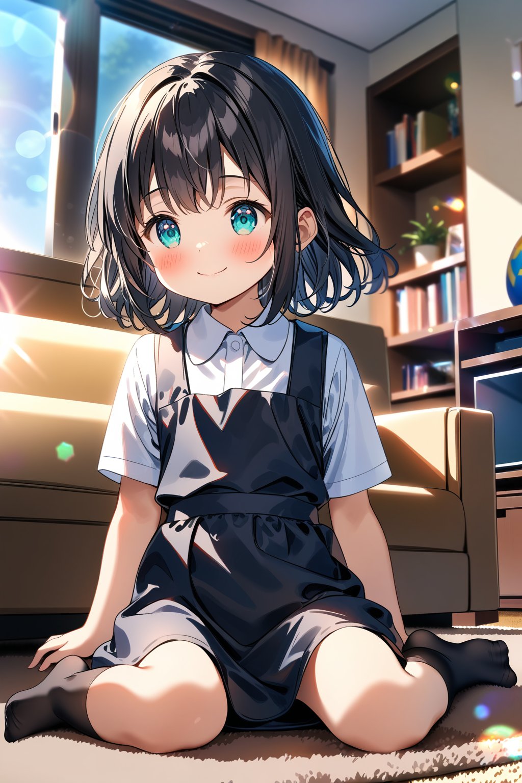 masterpiece, best quality,(1girl), solo,(depth of field),(solo focus),8K,HDR,(ultra high res),(highres),(full body),(lens flare),smiles,blush,(closed mouth),(black hair), (medium hair),(aqua eyes),(floating hair), sidelocks,(malaysian secondary school uniform),(schoollogo),(school's logo on right side (pinafore dress)),(black skirt),(black pinafore),(collared shirt),(white shirt),(short sleeves),(black socks),(no shoes),(sitting),(loli),(child),(indoors),(living room),shelf,curtain,carpet,windows,couch,