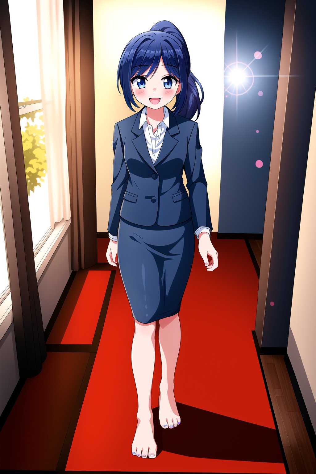 masterpiece, best quality,(1girl), solo,(depth of field),(solo focus),8K,HDR,(ultra high res),(highres),(full body),(lens flare),smiles,blush, asakav1, asaka,(dark blue hair),(dark blue eyes),(parted bangs),(ponytail),(office lady),(navy blue jacket),(white shirt),(collared shirt),(navy blue skirt),(pencil skirt),(barefoot),(toenail polish),(standing),(office chair),(indoors),(office),table, carpet,curtain,shelf,laptop