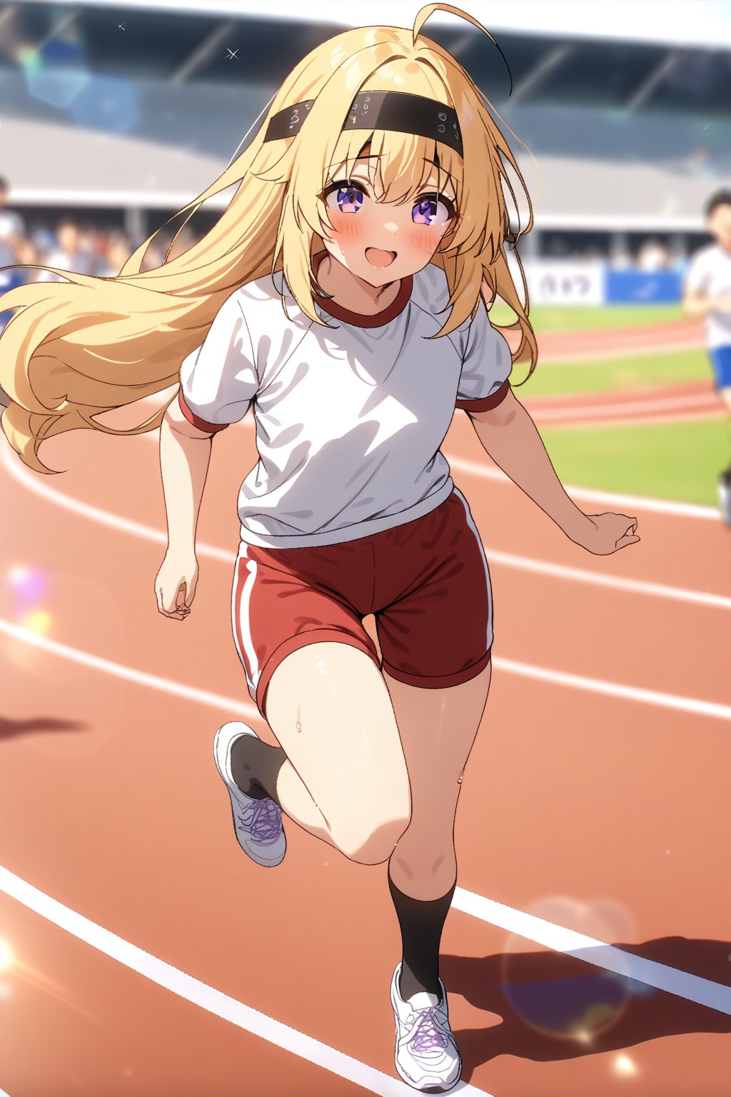 masterpiece, best quality,(1girl), solo,(depth of field),(solo focus),8K,HDR,(ultra high res),(highres),(full body),(lens flare),smiles,blush,ctiank0shi,ahoge (blonde hair),bangs,(long hair),(purple eyes),(headband),(white shirt),(red shorts),(gym uniform),(short sleeves),(black socks),(white footwear),(sneakers),(outdoors),(running track),(sports festival),(running),