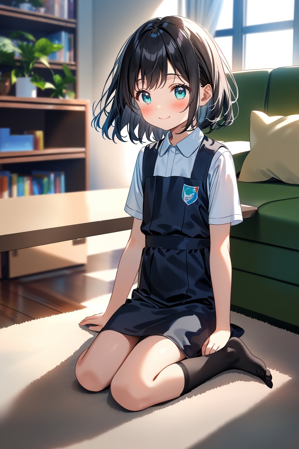 masterpiece, best quality,(1girl), solo,(depth of field),(solo focus),8K,HDR,(ultra high res),(highres),(full body),(lens flare),smiles,blush,(closed mouth),(black hair), (medium hair),(aqua eyes),(floating hair), sidelocks,(malaysian secondary school uniform),(schoollogo),(school's logo on right side (pinafore dress)),(black skirt),(black pinafore),(collared shirt),(white shirt),(short sleeves),(black socks),(no shoes),(sitting),(loli),(child),(indoors),(living room),shelf,curtain,carpet,windows,couch,